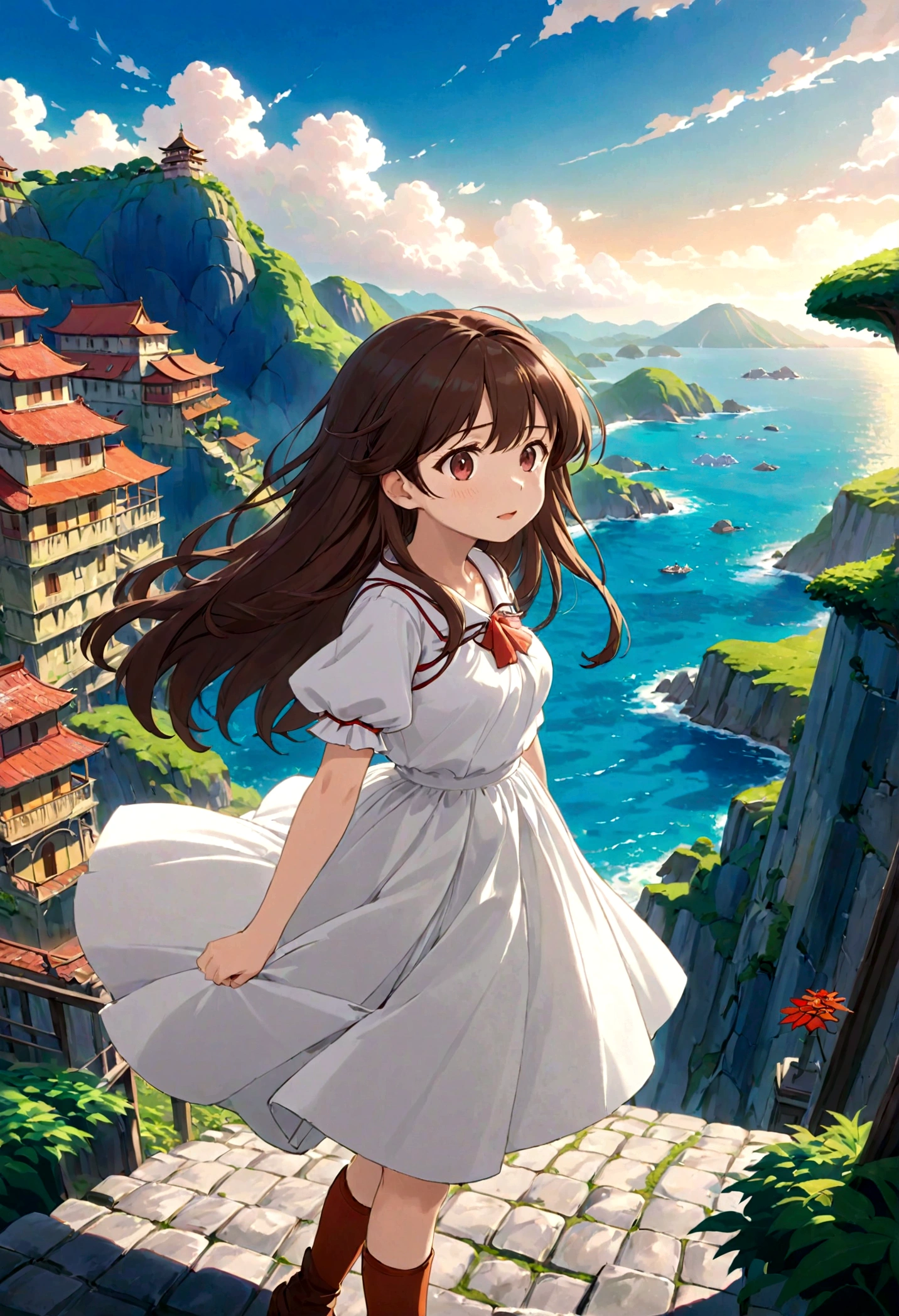 A skirt puffed up by the strong wind、、Skirt that is flipped、Trailing behind、
裏地がI can see it 、White lining、I can see it、Anime White Panties、Crotch is visible