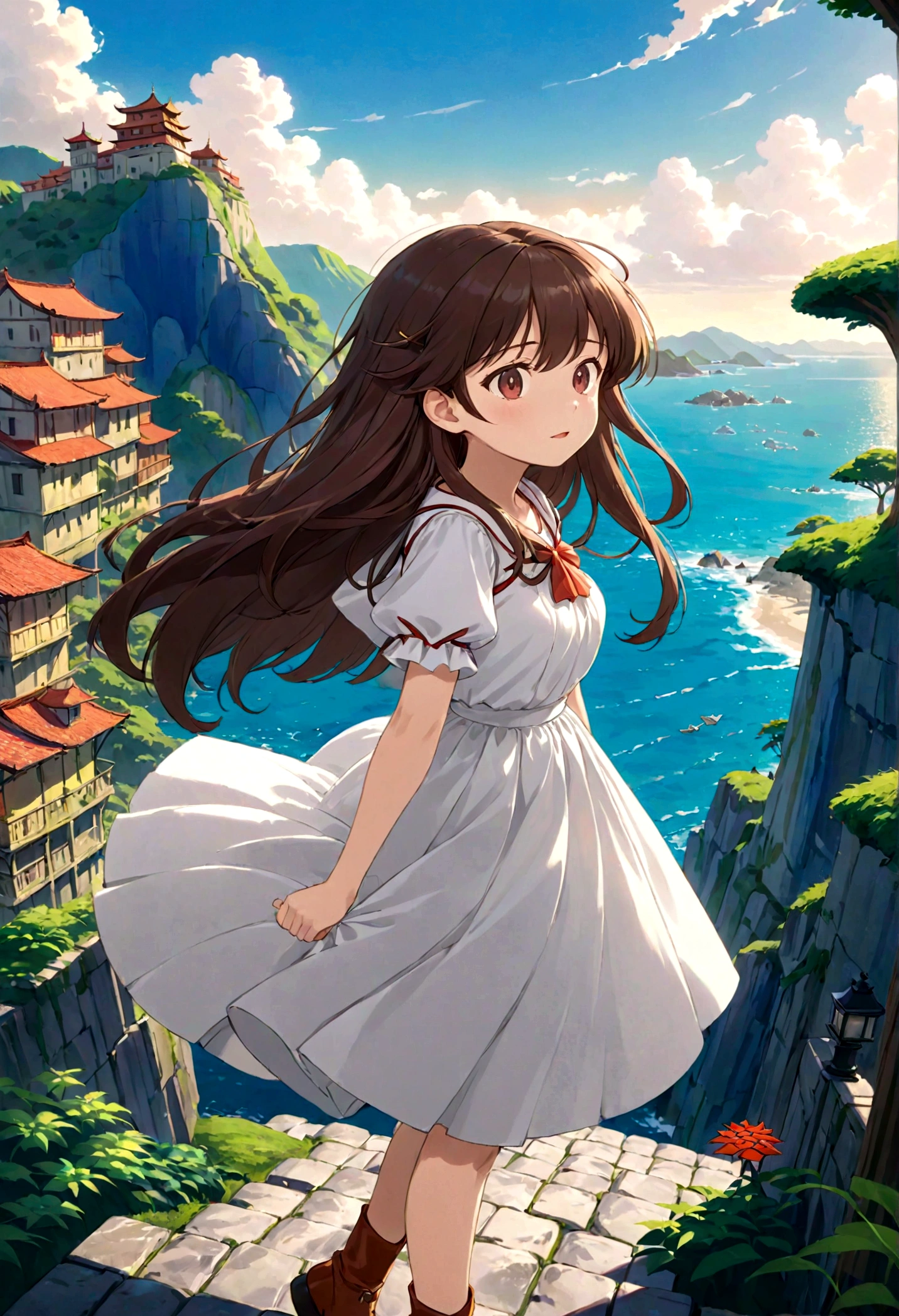 A skirt puffed up by the strong wind、、Skirt that is flipped、Trailing behind、
裏地がI can see it　、White lining、I can see it、Anime White Panties、Crotch is visible


