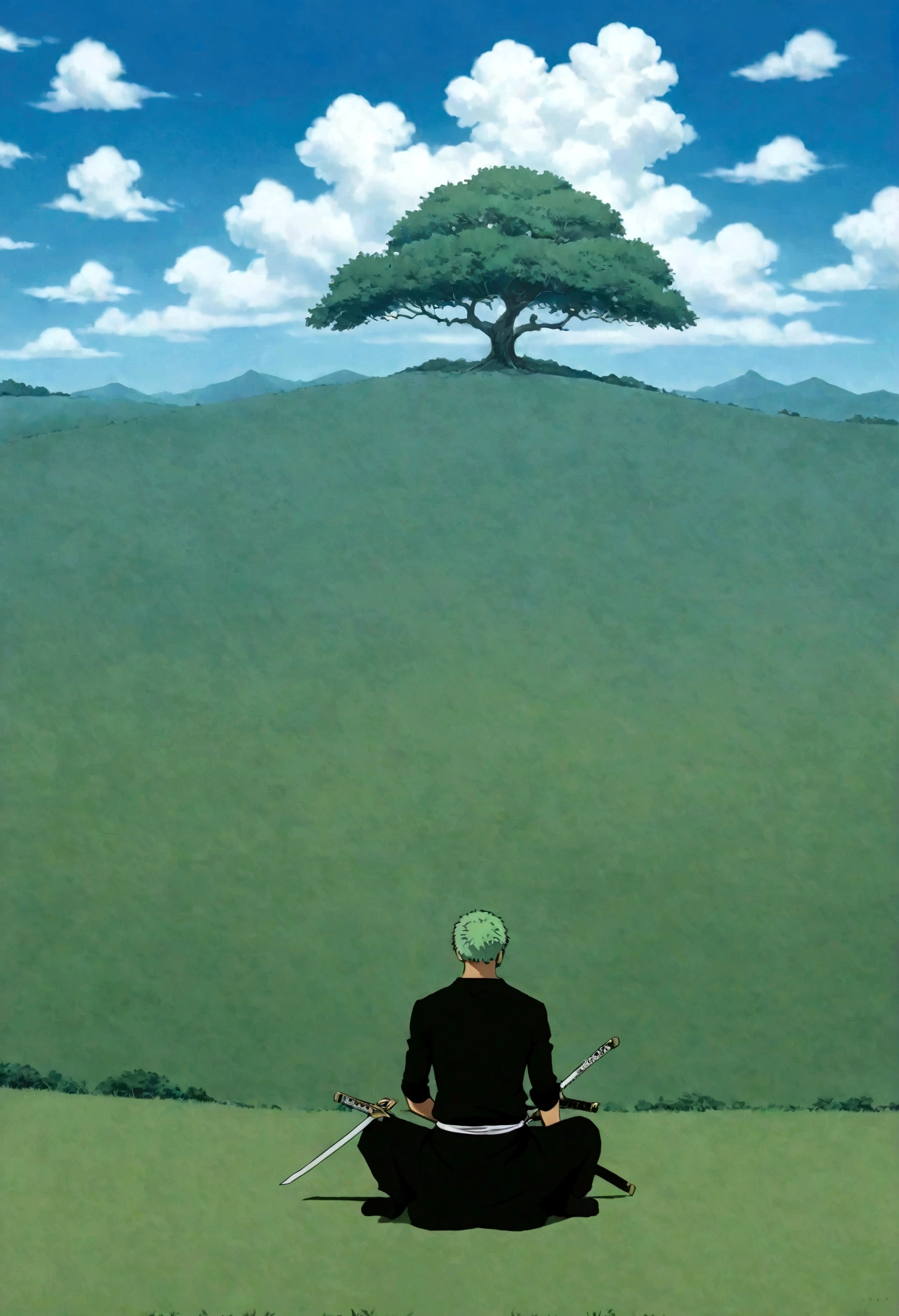 an image of a roronoa zoro(an one piece anime character by oda sensei) sitting on a grassy field holding a sword with trees in the background, anime  wallpaper, anime nature, anime landscape wallpaper, anime landscape, anime scenery, beautiful anime scenery, anime background, anime countryside landscape,  anime.  4k anime wallpaper, ( ). high detail, ,  anime atmospheric,  anime wallaper