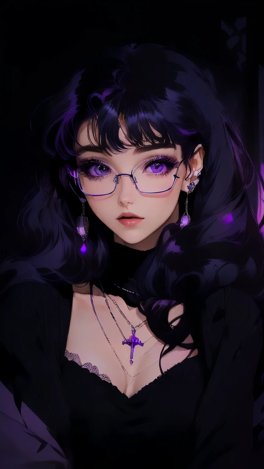 1. **Style and setting:**
- The illustration must have a detailed and realistic anime style.
- The setting must be dark, with predominantly purple and lilac tones, suggesting a nocturnal or dark interior atmosphere.
2. **Main character:**
- **Face and expression:**
- The character must have a young and feminine face, with a serene and slightly pensive expression.
- Large and bright eyes, deep violet with luminous details.
- Long and defined eyelashes.
- Soft and well-defined lips, with a slight pink sheen.
- **Hair:**
- Deep purple hair, with lighter highlights to give depth and volume.
- Hairstyle with soft curls and volume, partially gathered with a decorative clip.
- The clip must have details in pastel colors, especially pink and yellow, with a delicate design.
3. **Accessories:**
- **Glasses:**
- Thin-framed, translucent glasses in lilac tones.
- Large glasses that frame the character's eyes well.
- **Jewelry:**
- Long, elegant earrings with details in purple and silver tones.
- Delicate necklace with a small pendant, with silver details and a touch of lilac.
- Dark purple ribbon choker with a minimalist design.
4. **Clothing:**
- **Top:**
- Black blouse with lace details on the edges.
- Moderate V-neckline, showing an additional necklace with a simpler design.
- **Accessories:**
- A light jacket or cape over the shoulders, also in dark tones, probably black or a very dark purple.
- Additional details in the clothing should include small flashes or reflections that follow the predominant color scheme.
5. **Background:**
- Dark background, but not completely black, with subtle gradients of purple and dark blue.
- Add diffuse elements in the background to give depth, such as soft, diffused lights that suggest a dim room or interior space.
- Include a thin frame around the illustration in a shade slightly lighter than the background, to highlight the main character.