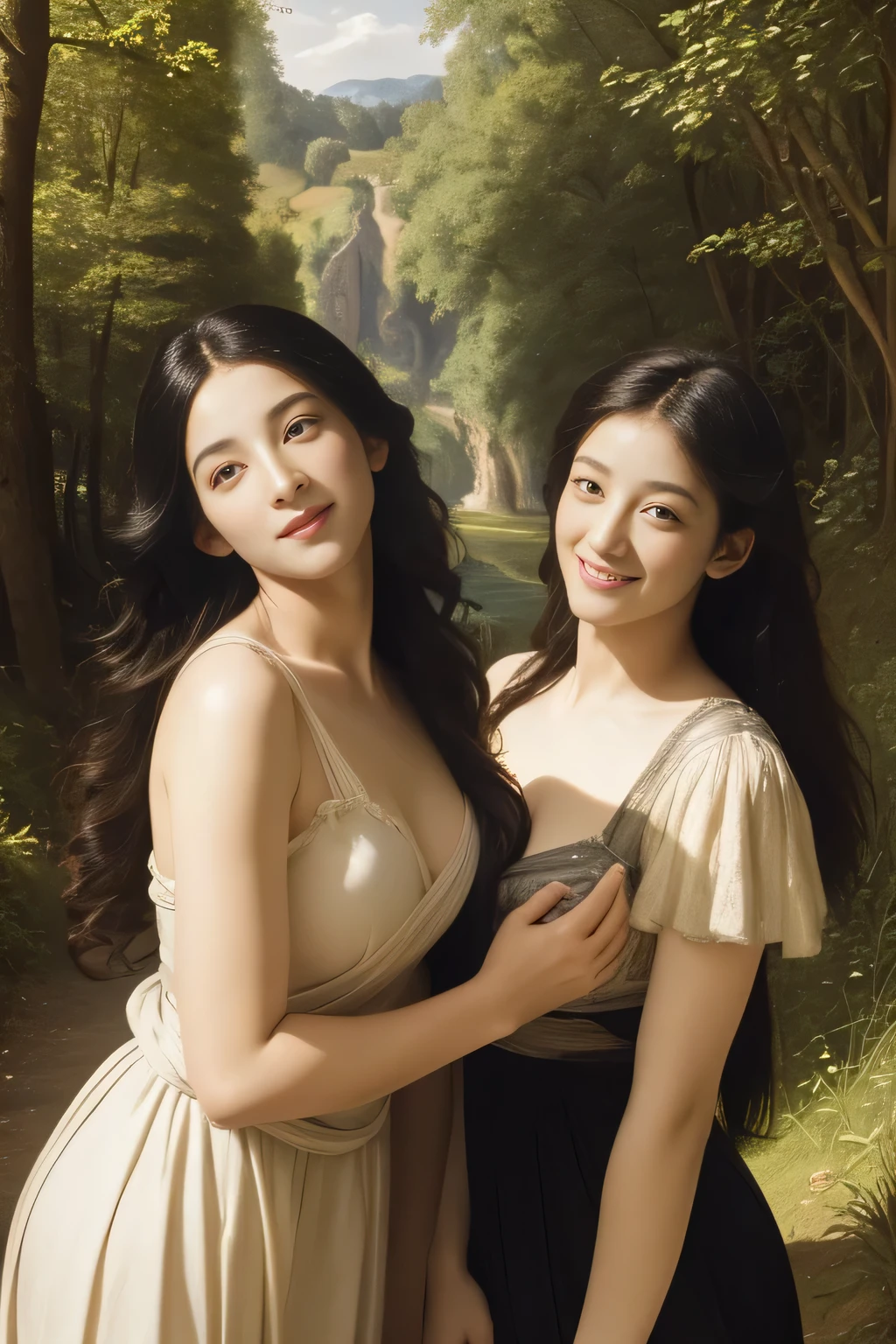 Giorgione painting style,Barbizon forest A beautiful woman in Greek dress smiles on the shore,Sweet and seductive appearance.、Caravaggio's paintings、Chiaroscuro of Caravaggio、hair tousled by the wind,Two women frolicking,cute smile, expression of ecstasy,Sexy,erotic, full body portrait