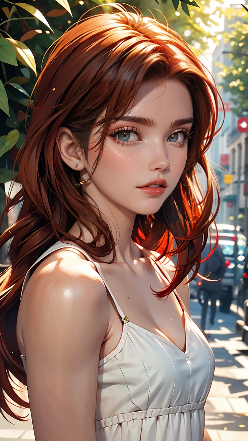 Beautiful age Girl Portrait, Small breasts, Complicated Dress, A kind smile, Red lips, Redhead, Green Eyes, realism, Digital Painting, Concept Art, Smooth, Sharp focus, Three-part method, Style Psycho