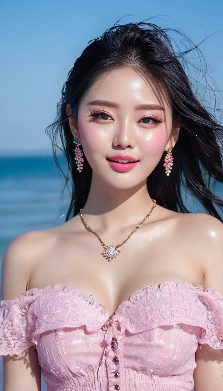1 girl, Korean model, extremely beautiful, perfect body. 8K photo quality, lifelike, masterpiece. Glossy pink lips, pink eyeshadow, eyelashes, blush, cosmetics, bright white skin, detailed pores, shiny skin, shiny skin. Her hair is pink, long and smooth, blowing in the wind ((floating)) under the bright sunlight. Bright smile, pure white teeth and details. Seductive lips, glossy pink lips. Blue eyes, seductive, ((sharp makeup)), realistic, ((wet eyes)), detailed, pink eyeshadow. Two delicate eyelids, perfectly beautiful and detailed, black eyelashes. Eyebrows are curved, sparse, sharp and detailed. Beautiful and perfect face, holy, perfectly proportioned, beautiful in every detail, ((shiny)), high-end cosmetic makeup. High and detailed nose. Blush, prominent and detailed cheekbones. Hands are beautiful, perfect, ((no flaws)), no defects. Her breasts are big and full, her nipples are prominent and detailed, her cleavage is deep and firm, tight under her bra. Wear a three-hole shirt, jeans, necklace, earrings, bracelets. Photo of girl standing on the beach, sharp and highest contrast.