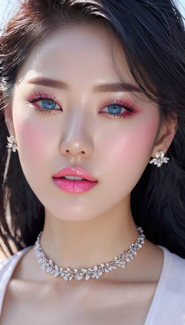 1 girl, Korean model, extremely beautiful, perfect body. 8K photo quality, lifelike, masterpiece. Glossy pink lips, pink eyeshadow, eyelashes, blush, cosmetics, bright white skin, detailed pores, shiny skin, shiny skin. Her hair is pink, long and smooth, blowing in the wind ((floating)) under the bright sunlight. Bright smile, pure white teeth and details. Seductive lips, glossy pink lips. Blue eyes, seductive, ((sharp makeup)), realistic, ((wet eyes)), detailed, pink eyeshadow. Two delicate eyelids, perfectly beautiful and detailed, black eyelashes. Eyebrows are curved, sparse, sharp and detailed. Beautiful and perfect face, holy, perfectly proportioned, beautiful in every detail, ((shiny)), high-end cosmetic makeup. High and detailed nose. Blush, prominent and detailed cheekbones. Hands are beautiful, perfect, ((no flaws)), no defects. Her breasts are big and full, her nipples are prominent and detailed, her cleavage is deep and firm, tight under her bra. Wear a three-hole shirt, jeans, necklace, earrings, bracelets. Photo of girl standing on the beach, sharp and highest contrast.