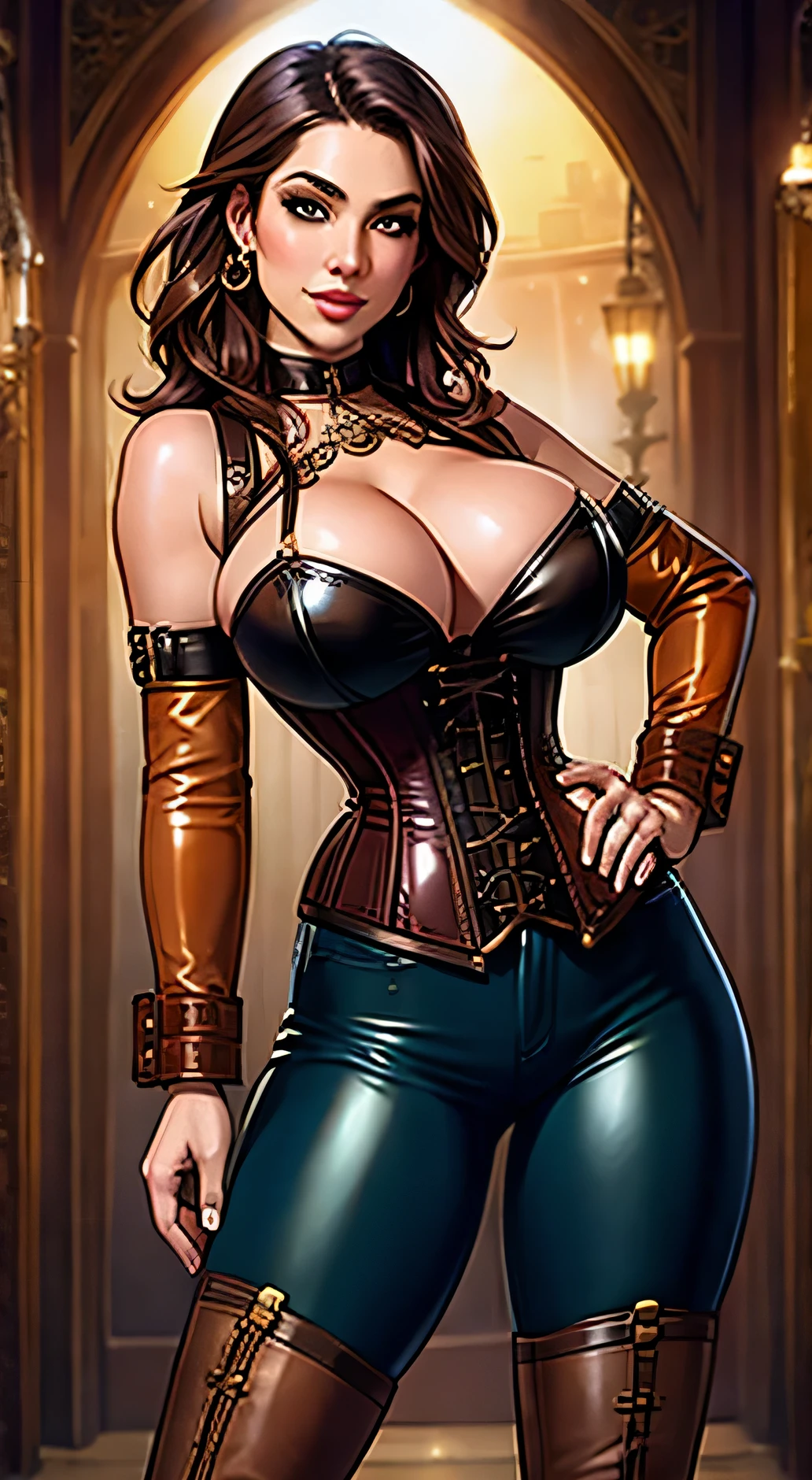 sexy steampunk adventurer, corset, laced leather pants
