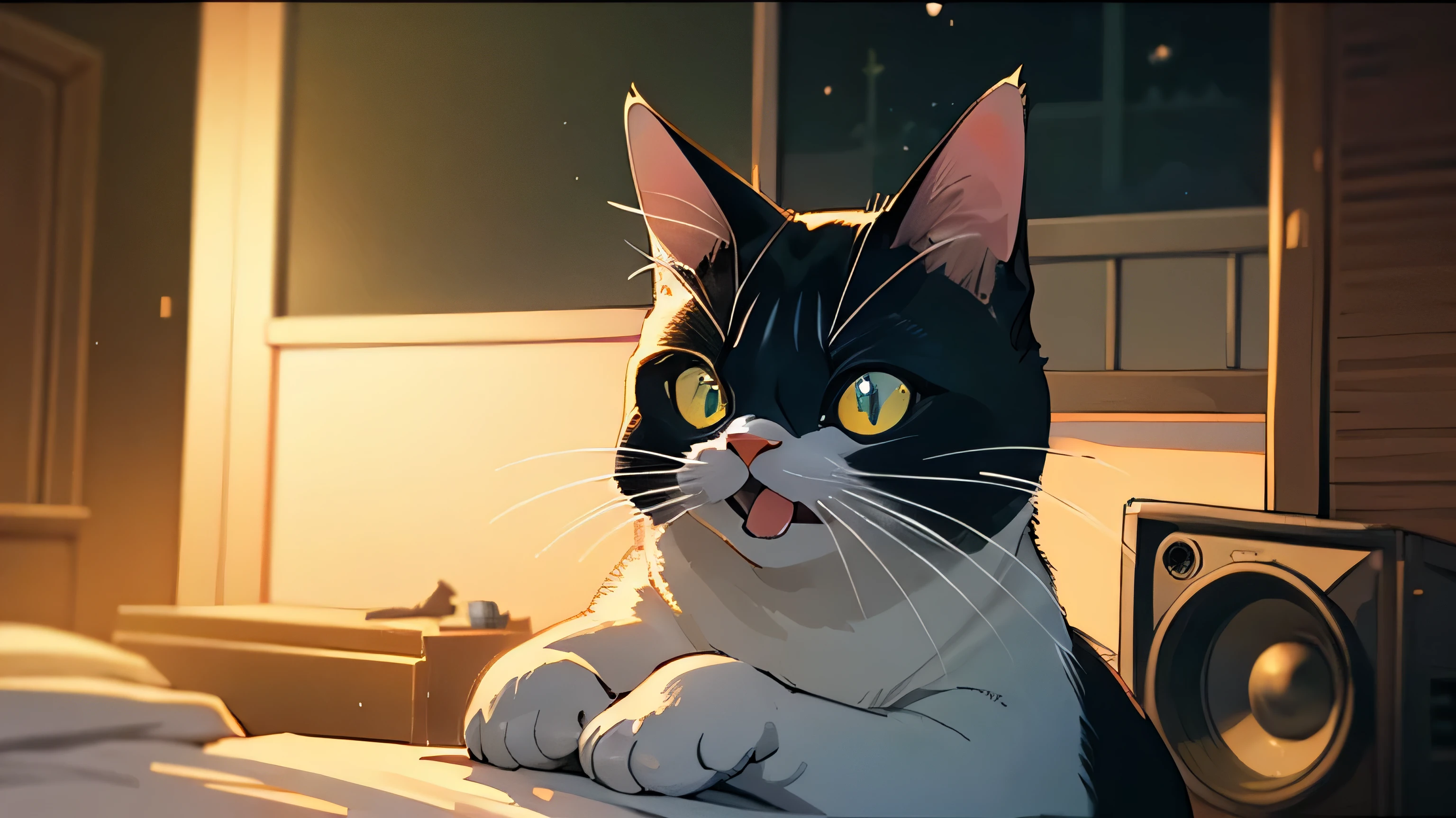 Room with speakers、Real Cat、Upper body close-up、Yawn、night