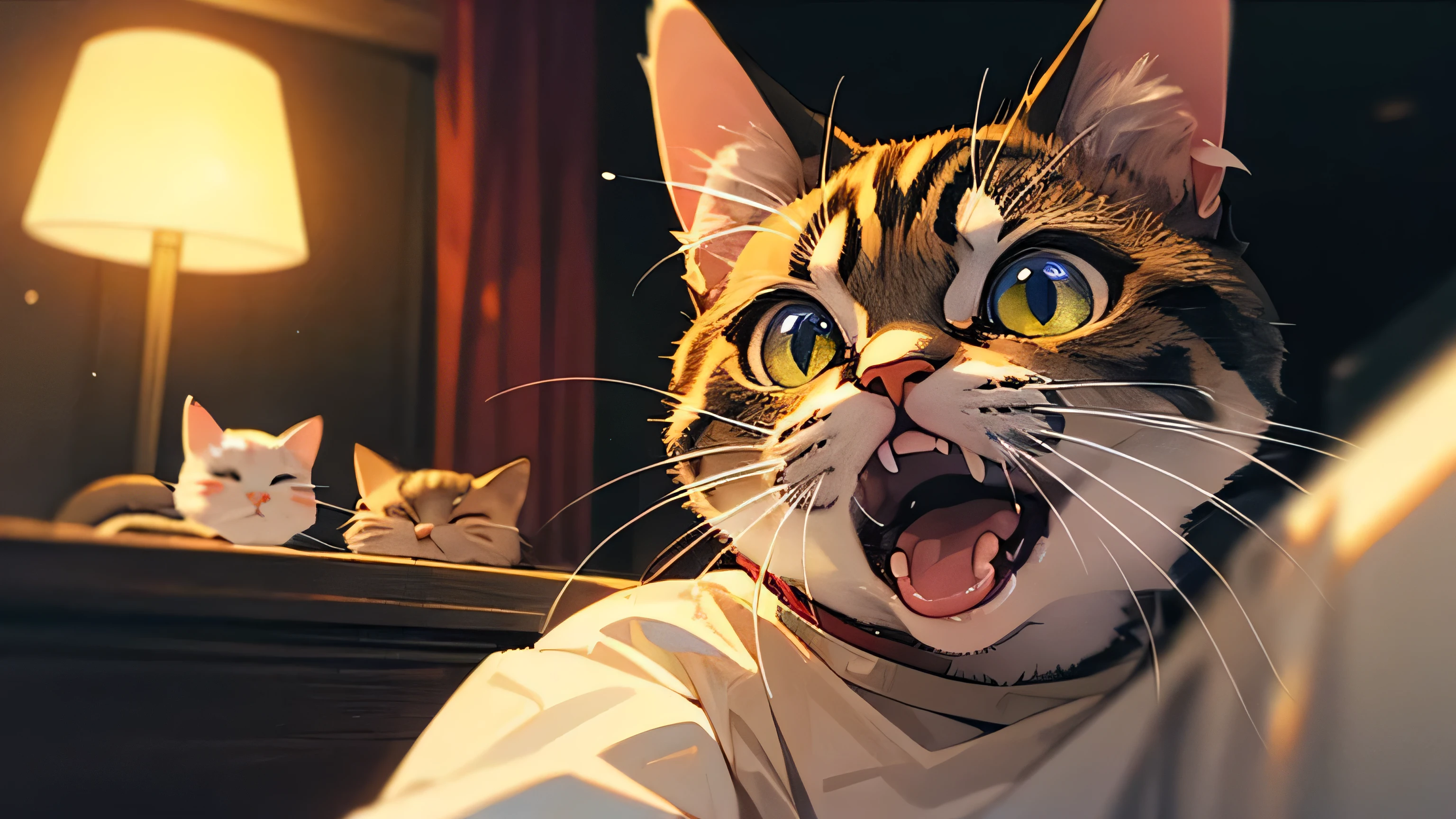 Room with speakers、Real Cat、Upper body close-up、Yawn、night