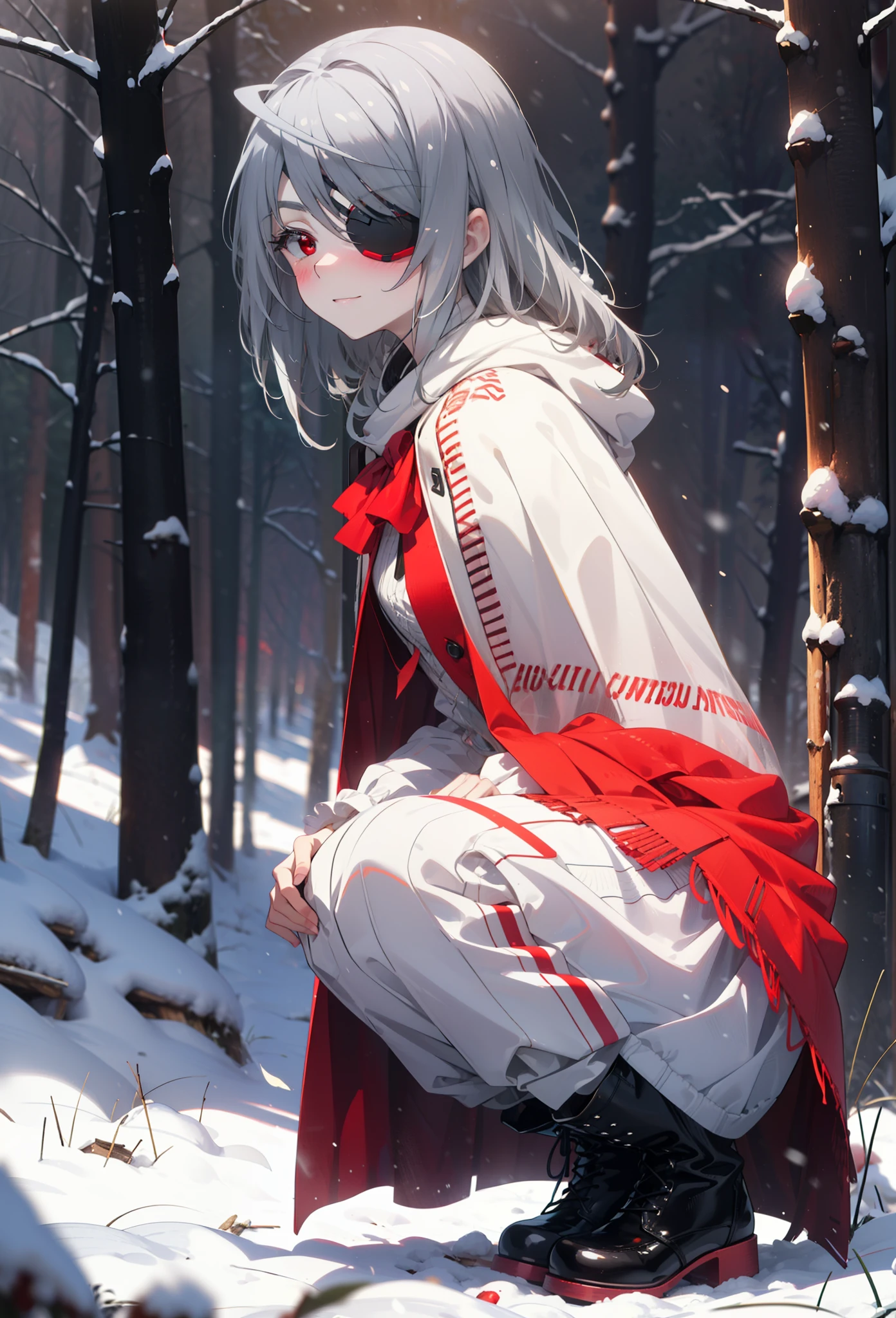 Laurabodewig, Laura Bodewig, Long Hair, (Red eyes:1.3), Grey Hair, Eye patch,smile,smile,blush,White Breath,
Open your mouth,snow,A bonfire on the ground,,Outdoor, boots, snowing, From the side, wood, suitcase, Cape, Blurred, , forest, White handbag, nature, Squat, Mouth closed, Cape, winter, Written boundary depth, Black shoes, red Cape break looking at viewer, Upper Body, whole body, break Outdoor, forest, nature, break (masterpiece:1.2), highest quality, High resolution, unity 8k wallpaper, (shape:0.8), (Beautiful and beautiful eyes:1.6), Highly detailed face, Perfect lighting, Highly detailed CG, (Perfect hands, Perfect Anatomy),