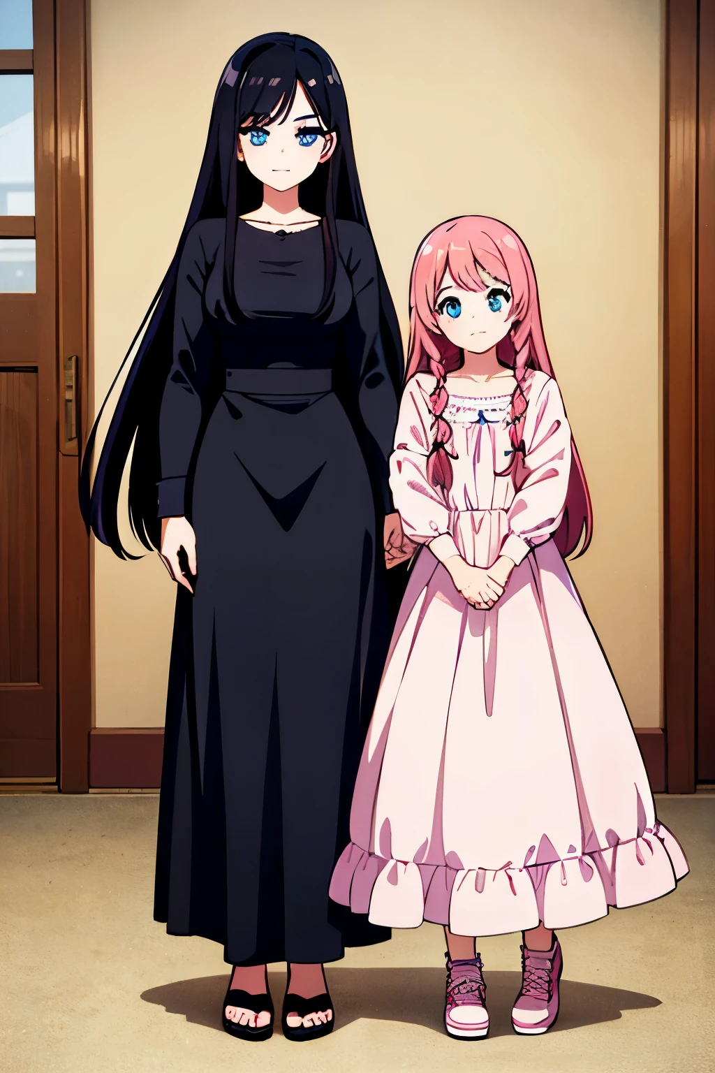 2girl,mother and daughter, 1girl,mother, black hair, long hair, blue eyes,full body,
2girl,daughter, pink hair, long hair, blue eyes, full body,
music room