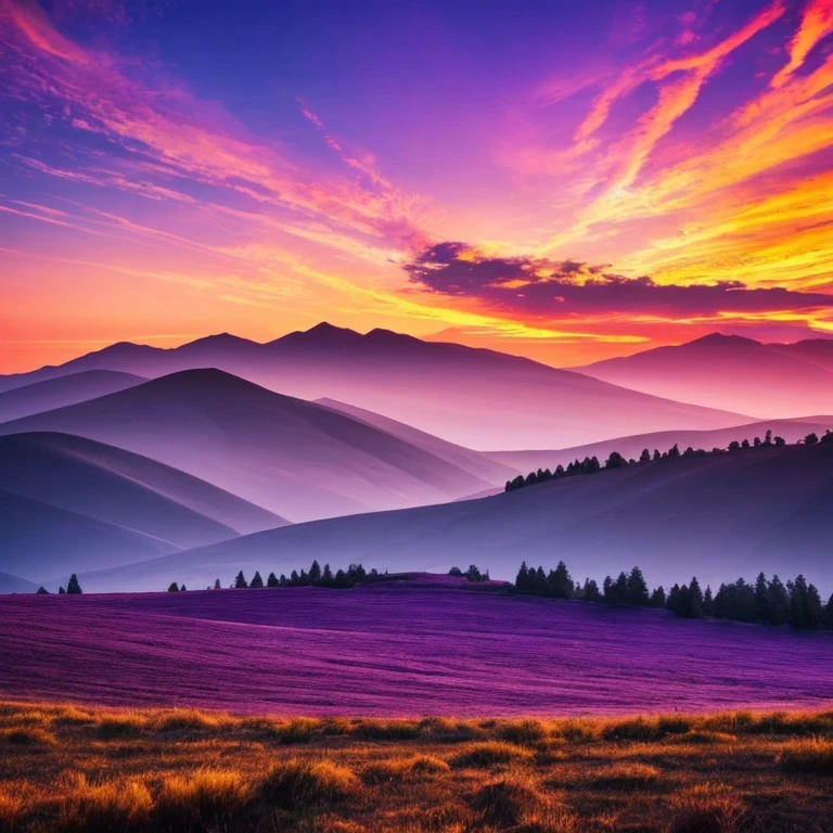 Fantastic landscape with a sky burning with purple and golden flames