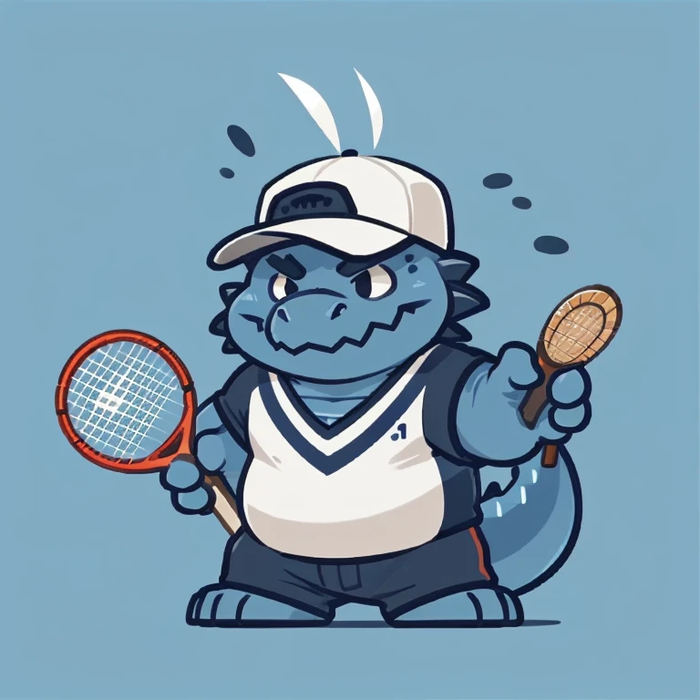 solo, dragon face,Cute face,Humanity(dragon), (cap, Wielding Badminton rackets) ,(Sideways, sidled), Chubby,(white eyebrows:1.1),(perfect black eyes),Simple background, Blue Background,print style。(Artist:Takemoto Arashi)