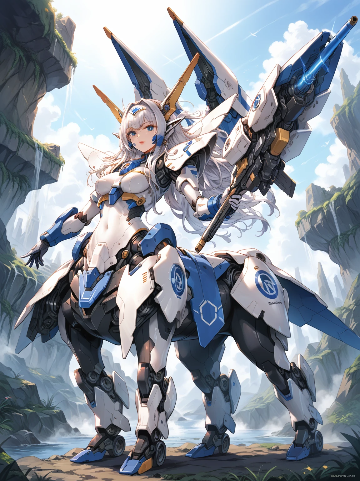 score_9, score_8_up, score_7_up, source_anime,masterpiece, best quality, high resolution, extremely detailed CG, absurdres, highres, ((perfect face, detailed face)), 1girl, solo, A mecha centaur girl, mecha girl, ((white_outfit with blue_praints)), holding weapon, mecha long gun, outdoors, high contrast, ((gloss))