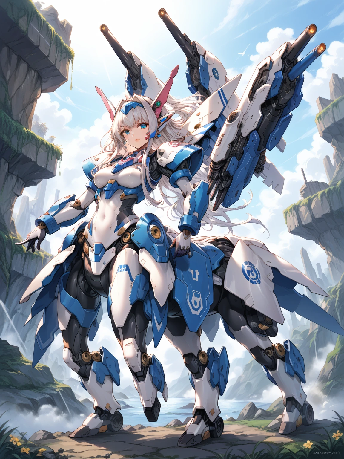 score_9, score_8_up, score_7_up, source_anime,masterpiece, best quality, high resolution, extremely detailed CG, absurdres, highres, ((perfect face, detailed face)), 1girl, solo, A mecha centaur girl, mecha girl, ((white_outfit with blue_praints)), holding weapon, mecha long gun, outdoors, high contrast, ((gloss))