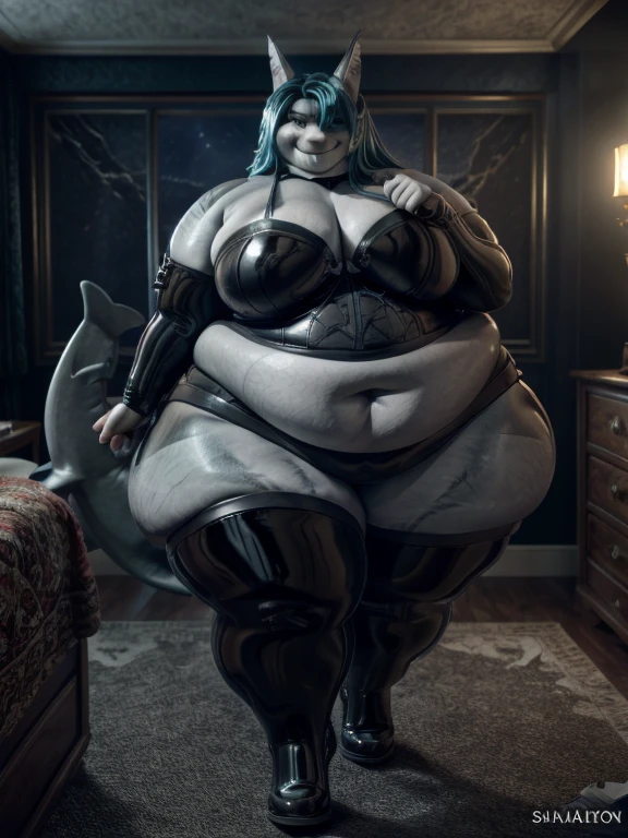 masterpiece, best quality, an incredibly obese anthro shark girl standing in a bedroom, obese, anthro, shark, female, incredibly obese, ssbbw, bbw, latex thigh-high socks, latex suit, tight clothes, long hair, cyan hair, cyan eyes, grey body, grey skin, colored skin, wicked smile, dominant smile, night, dark bedroom, dominatrix, shark tail,, cinematic shot, dynamic lighting, 75mm, Technicolor, Panavision, cinemascope, sharp focus, fine details, 8k, HDR, realism, realistic, key visual, film still, cinematic color grading, depth of field, (anthro:0.1), furry