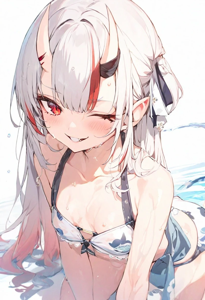 (masterpiece), (best quality), perfect face, beautiful girl, white background background, delicate and beautiful face and eyes, dark intense shadow,
1 girl, vtuber style, cool girl, hololive, nakiri ayame, oni, skin-covered horns, bikini, wet body, small chest, cropped shoulders, clavicle, winking, smile, bare feet, chest visible through clothes, ass visible through thighs, (full body), looking at viewer, standing,