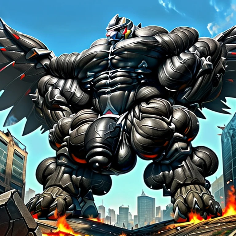 (masterpiece. official art. 8k. best quality. detailed full body. full body.)

(situation 1 : dominating urshifu. focus GIANT mechanical Muscular urshifu is trampling the CITY. macro. stomp. Low-angle perspective. emphasizing the immense size. The perspective is from below, emphasizing the sheer majesty and power of the Giant. giant art. He is much bigger than a skyscraper. Giga Giants. micro soccer field. looking down.)

(situation 2 :smoke and flames rising from the destruction in the city)

(Additional details 1: wearing a full-face helmet. high-tech bio-mecha armor. real texture material. Wearing cyberpunk mecha. emphasizes the muscles. suit fully made of metal. NANOSUIT with the same design as urshifu).

(Additional details 2: (Muscles. Muscular. Huge Muscles. Hyper Muscles. gigantic muscles. furry. hyper pecs. hyper thighs. hyper biceps. hyper cuadriceps . Muscles Bulging). (Detailed head. Detailed Body. Detailed abs. gigantic muscles. HYPER MUSCLES. Gigachad Muscular. big muscle. pecs. triceps. traps. unusually developed muscular body. body full of huge muscles. showing off muscles. pectorales enormes. Exaggeratedly huge muscles. huge muscles. long legs.).

(Additional details 3: nj5furry, Spread wings. It has wings. White have big wings. The claws are sharp. Sharp teeth.5 toes.).

(tiny thong, metallic color: jet black thong. bulge in the crotch.)

(Additional details 4: black color hyper penis. hyper black penis. big penis)