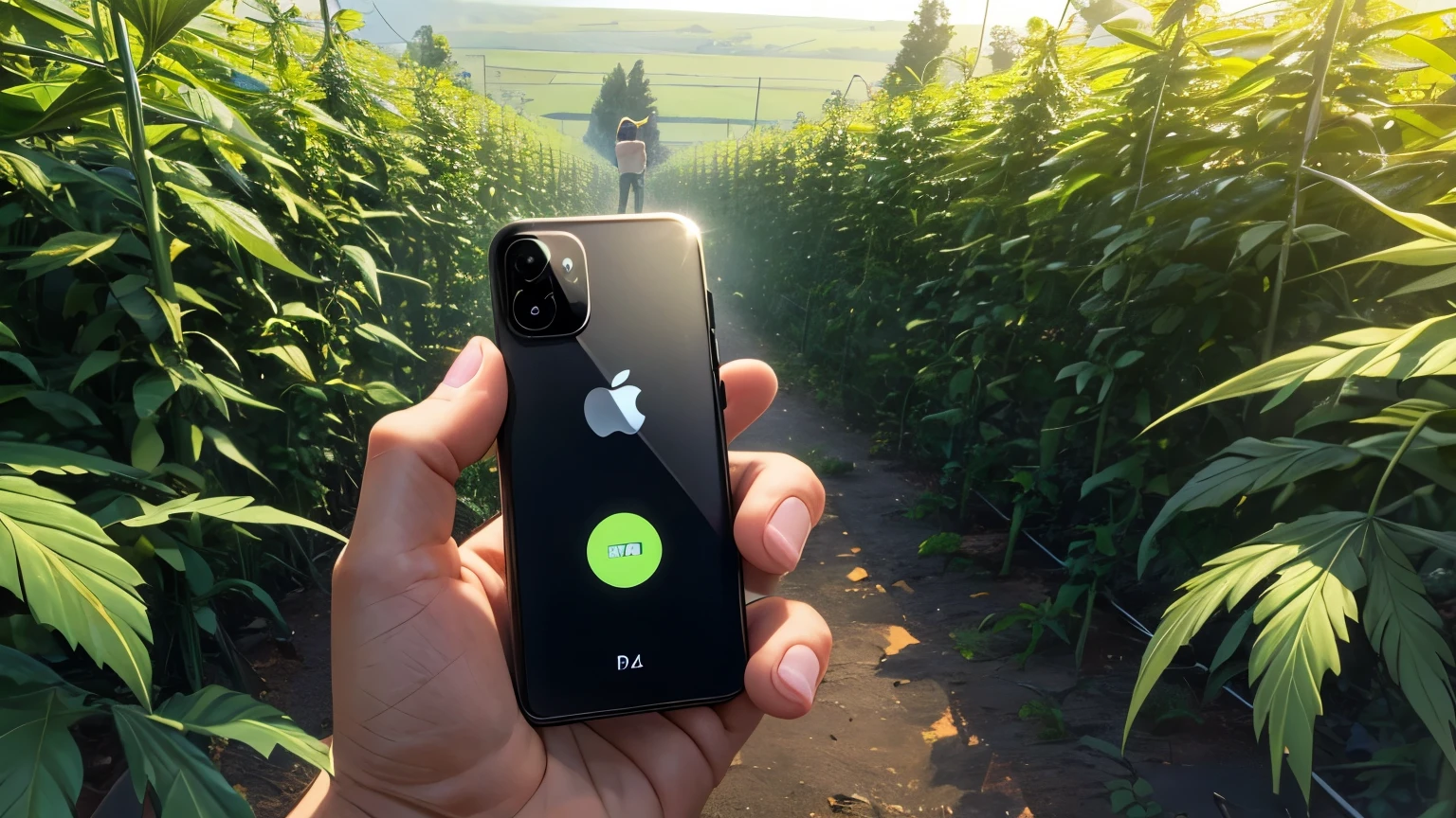 a rapper holding an iphone 14 pro max in the middle of a marijuana plantation