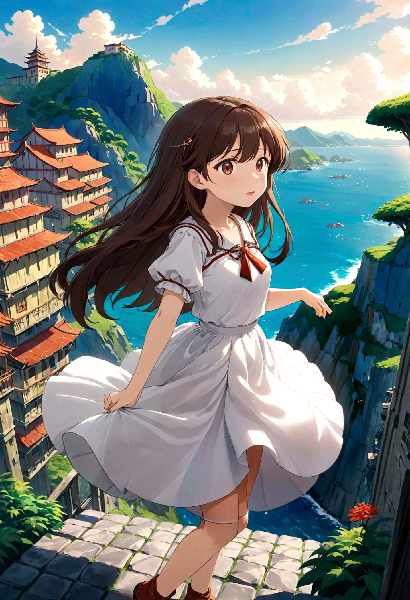 A skirt puffed up by the strong wind、、Skirt that is flipped、Trailing behind、
裏地がI can see it 、White lining、I can see it、Anime White Panties、Crotch is visible