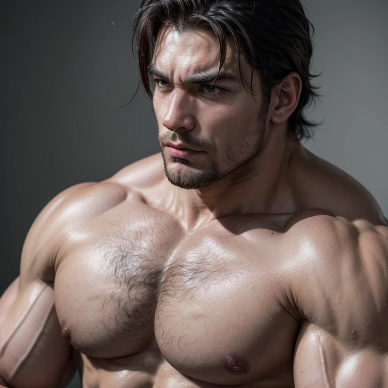 a very handsome, robust, serious, massively muscular adult man, with massively large muscles, with massively large and muscular arms and biceps, with a defined body, wearing a very dirty dark gray shirt, seen from very close up