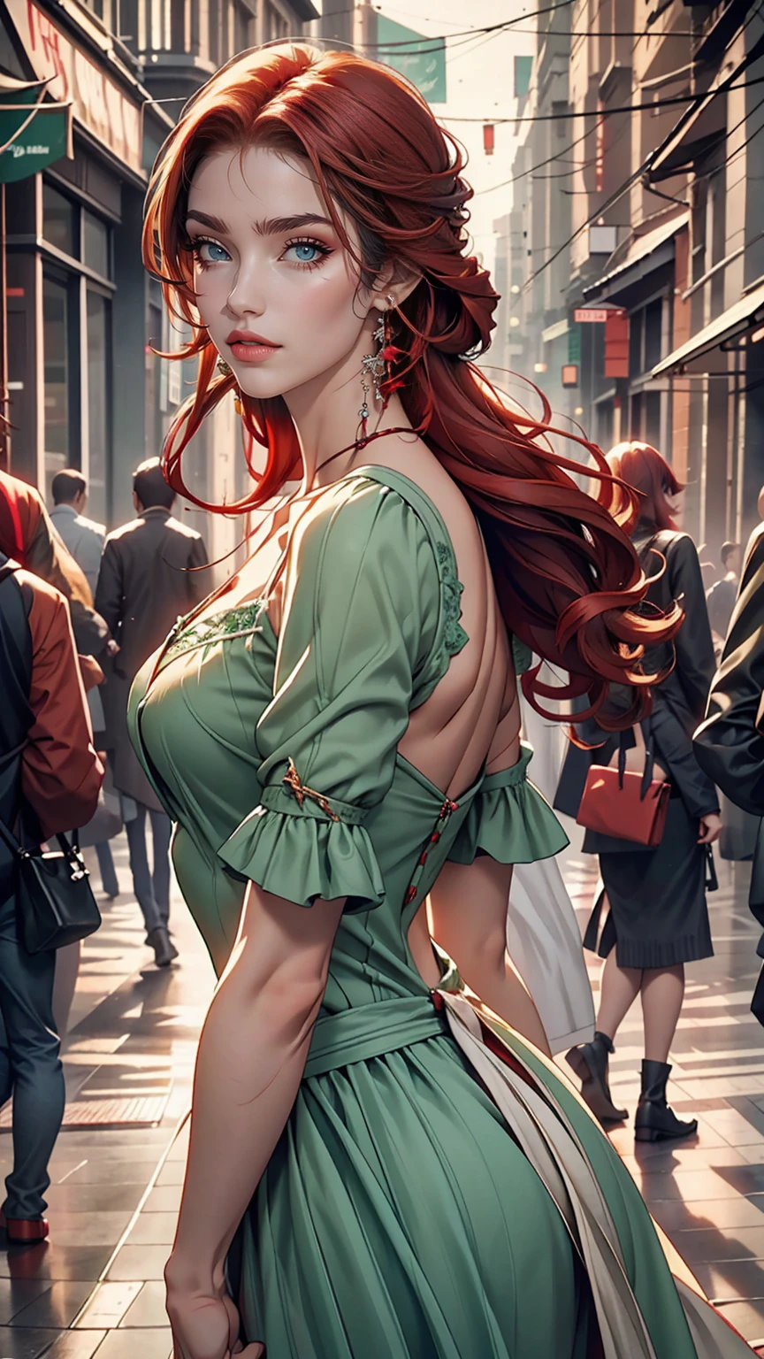 Beautiful  Girl Portrait, Small breasts, Complicated Dress, A kind smile, Red lips, Redhead, Green Eyes, realism, Digital Painting, Concept Art, Smooth, Sharp focus, Three-part method, Style Psycho