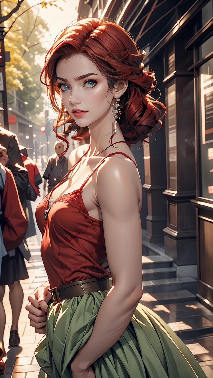 Beautiful Teenage Girl Portrait, Small breasts, Complicated Dress, A kind smile, Red lips, Redhead, Green Eyes, realism, Digital Painting, Concept Art, Smooth, Sharp focus, Three-part method, Style Psycho