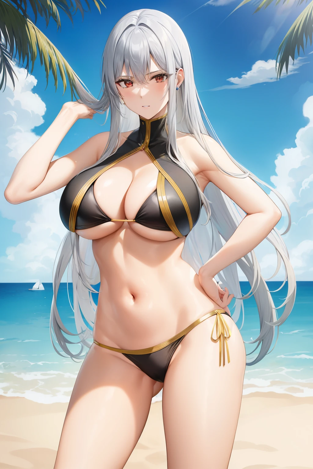 Obra maestra, 4k, La mejor calidad, Selvaria, bikini negro, Bikini de corbata lateral, Playa, Mar, sombrilla, sentada, Mirando al espectador, ruboroso