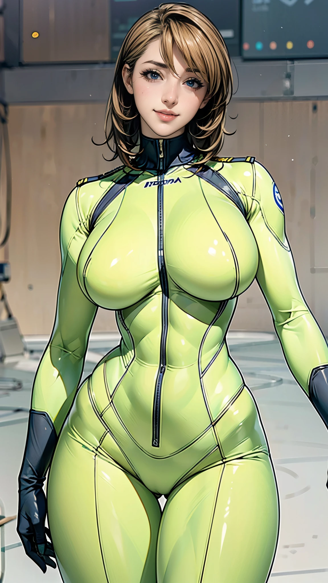 (masterpiece),(highest quality),(Very detailed),(High resolution),(Photorealistic Stick),(Realistic),(8k),(((SFW:1.5))),wallpaper,Perfect lighting,BREAK(One Woman),((MoriYuki:1.5)),(MoriBodysuit, yellow bodysuit, belt:1.5),(MoriUniform, white gloves, military uniform, brown jacket, ascot, belt:1.5),(22 years old),(((Extremely form fitting bodysuit:1.5))),(((Very detailedなボディスーツの描画:1.5))),(Beautiful Eyes:1.5),(Detailed face drawing:1.5),(Detailed face drawing:1.5),((Very detailedな女性の手:1.5)),(Shiny skin:1.0),(((Very muscular:1.5))),((Big Breasts:1.5)),(Fleshy),(((Thick thighs:1.5))),(Sensual body),(((Blur the background:1.5))),(((Seductive pose:1.5))),(((Warm-Smile:1.5)))