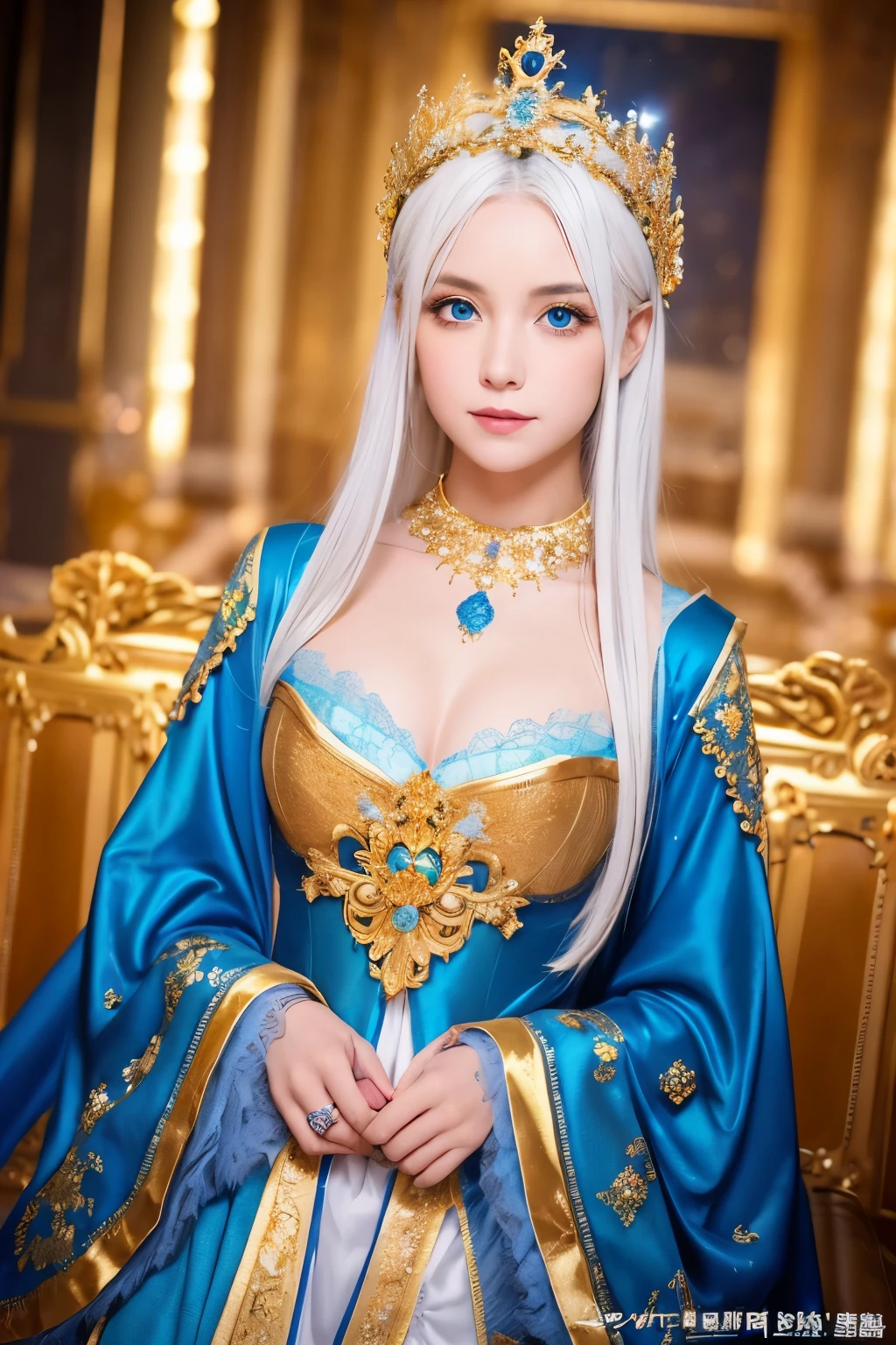 A girl with white hair and blue eyes、Wearing a gorgeous blue and gold decorated costume。On her head was a jeweled crown、The jeweled accessories on her arms and waist also sparkle.。The costumes are exotic、The luxurious details of the decoration are eye-catching。
The background is bathed in warm orange light.、The whole place has a mysterious and fantastical atmosphere.。The girl's expression is calm.、It gives a somewhat sacred impression.。Her posture and outfit give off a noble vibe.、Just like a princess in a storybook。