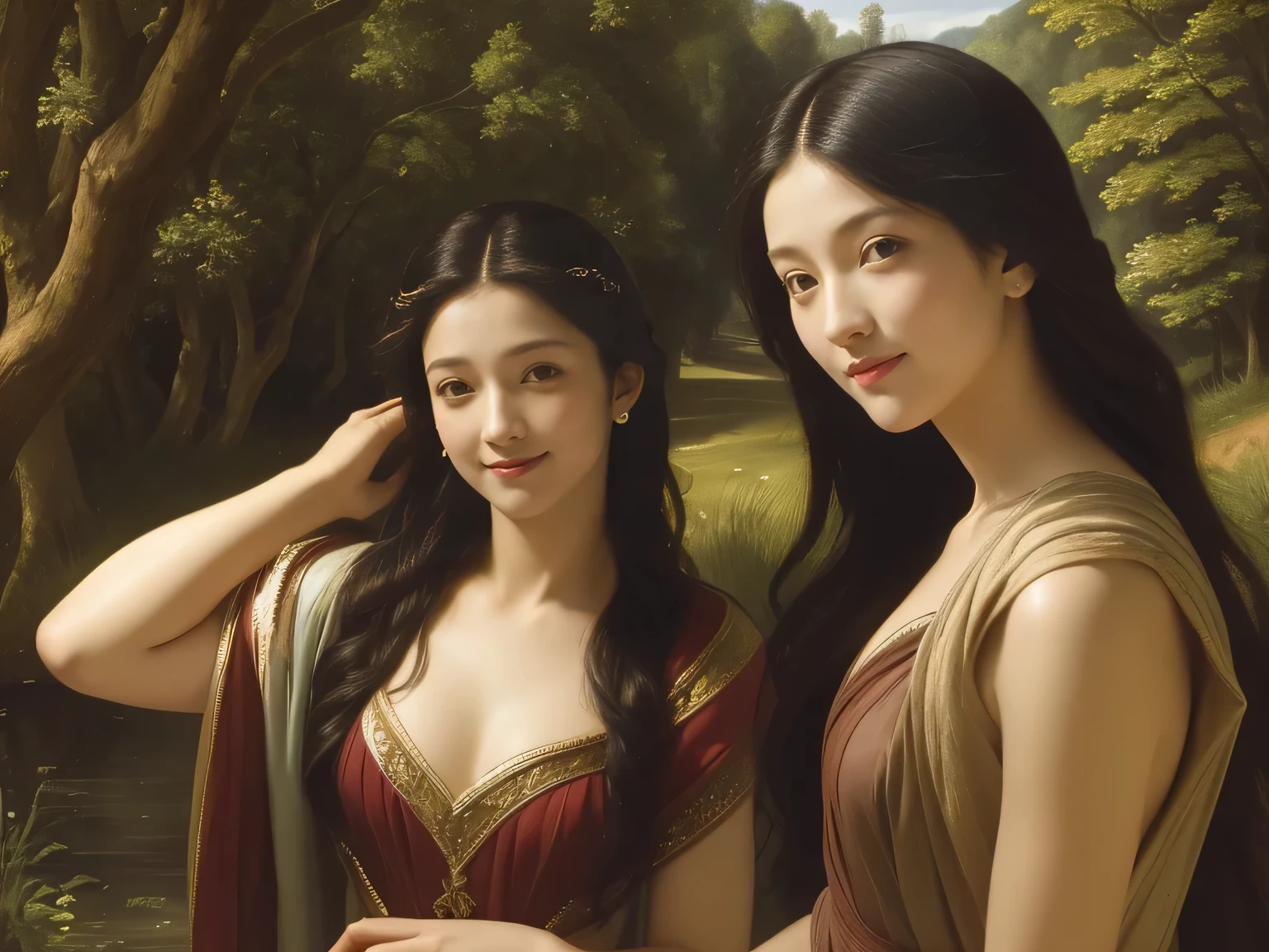 Giorgione painting style,Barbizon forest A beautiful woman in Greek dress smiles on the shore,Sweet and seductive appearance.、Caravaggio's paintings、Chiaroscuro of Caravaggio、hair tousled by the wind,Two women frolicking,cute smile, expression of ecstasy,Sexy,erotic, full body portrait