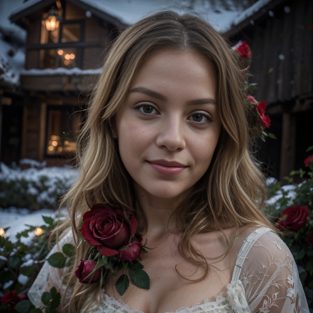 Masterpiece, ultra realistic. Front facing picture. ((The First low third of the picture is full of blurry red roses)). Behind the roses is a leaning forward ultra hot gorgeous European woman, age 23, wavy blonde hair, sheer lace, she’s smelling the roses with a subtle smile. Background a snowy village in a winter night with northern lights.