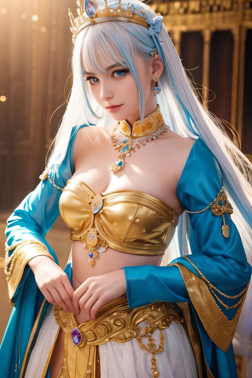 A girl with white hair and blue eyes、Wearing a gorgeous blue and gold decorated costume。On her head was a jeweled crown、The jeweled accessories on her arms and waist also sparkle.。The costumes are exotic、The luxurious details of the decoration are eye-catching。
The background is bathed in warm orange light.、The whole place has a mysterious and fantastical atmosphere.。The girl's expression is calm.、It gives a somewhat sacred impression.。Her posture and outfit give off a noble vibe.、Just like a princess in a storybook。