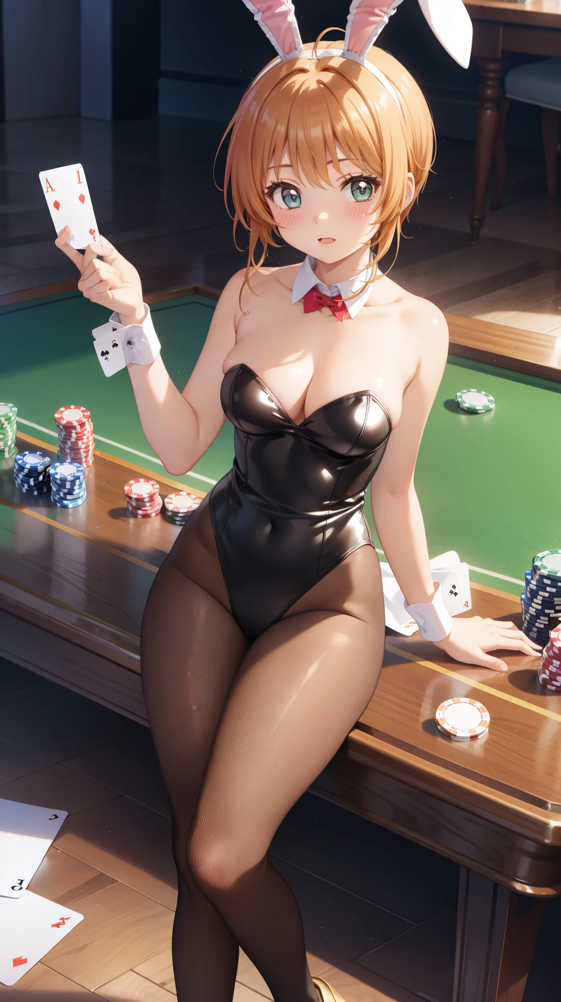 masterpiece, best quality, highres, 1girl, detailed face, blush, anime CG style, (medium breasts), (18 year old girl:1.3), (aged up), good lighting, perfect body, sakura kinomoto, glossy lips, strapless leotard, detached collar, wrist cuffs, fishnet tights, bunny ears, (curvy), casino, poker table, deck of cards