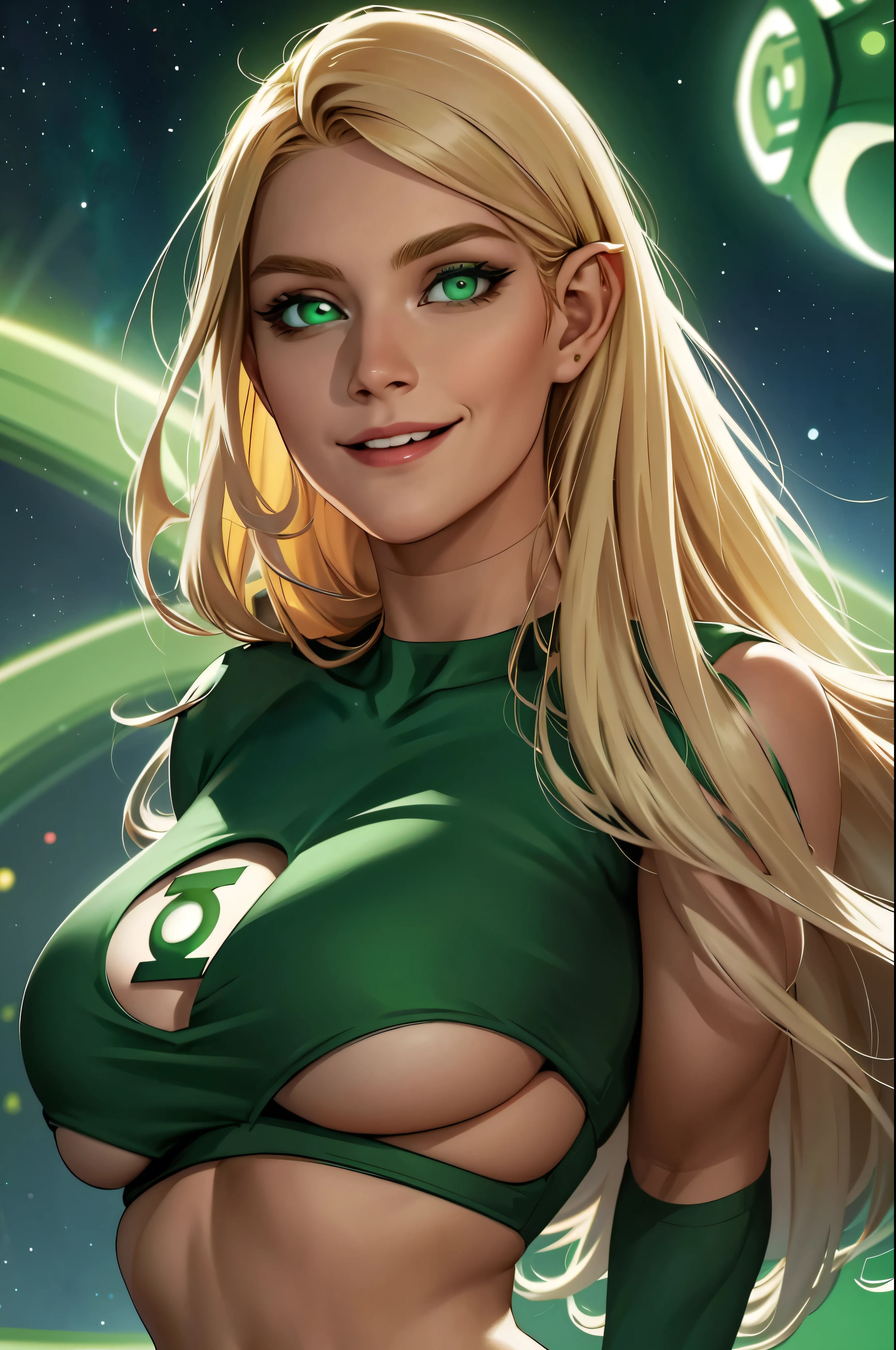 woman, long blonde hair, dark eyes, smiling, crop top, wearing a green ring, space background, huge breasts, sexy, feminine, masterpiece, beautiful detailed eyes, detailed face, looking at viewer, glowing, half body portrait, green lantern, eva elfie, magazine pose, flying,
