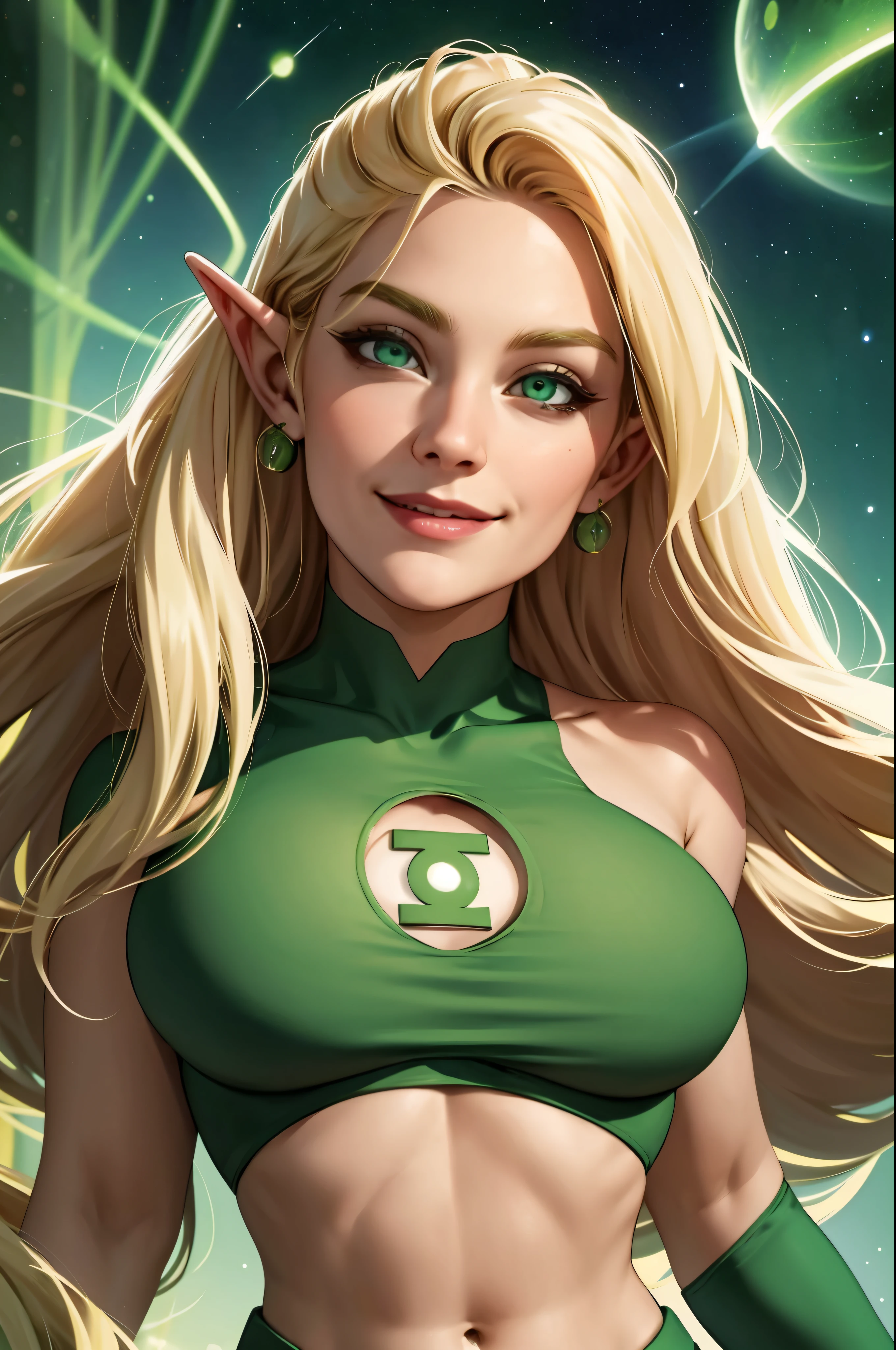woman, long blonde hair, dark eyes, smiling, crop top, wearing a green ring, space background, huge , sexy, fnine, masterpiece, beautiful detailed eyes, detailed face, looking at viewer, glowing, half body portrait, green lantern, eva elfie, magazine pose, flying,