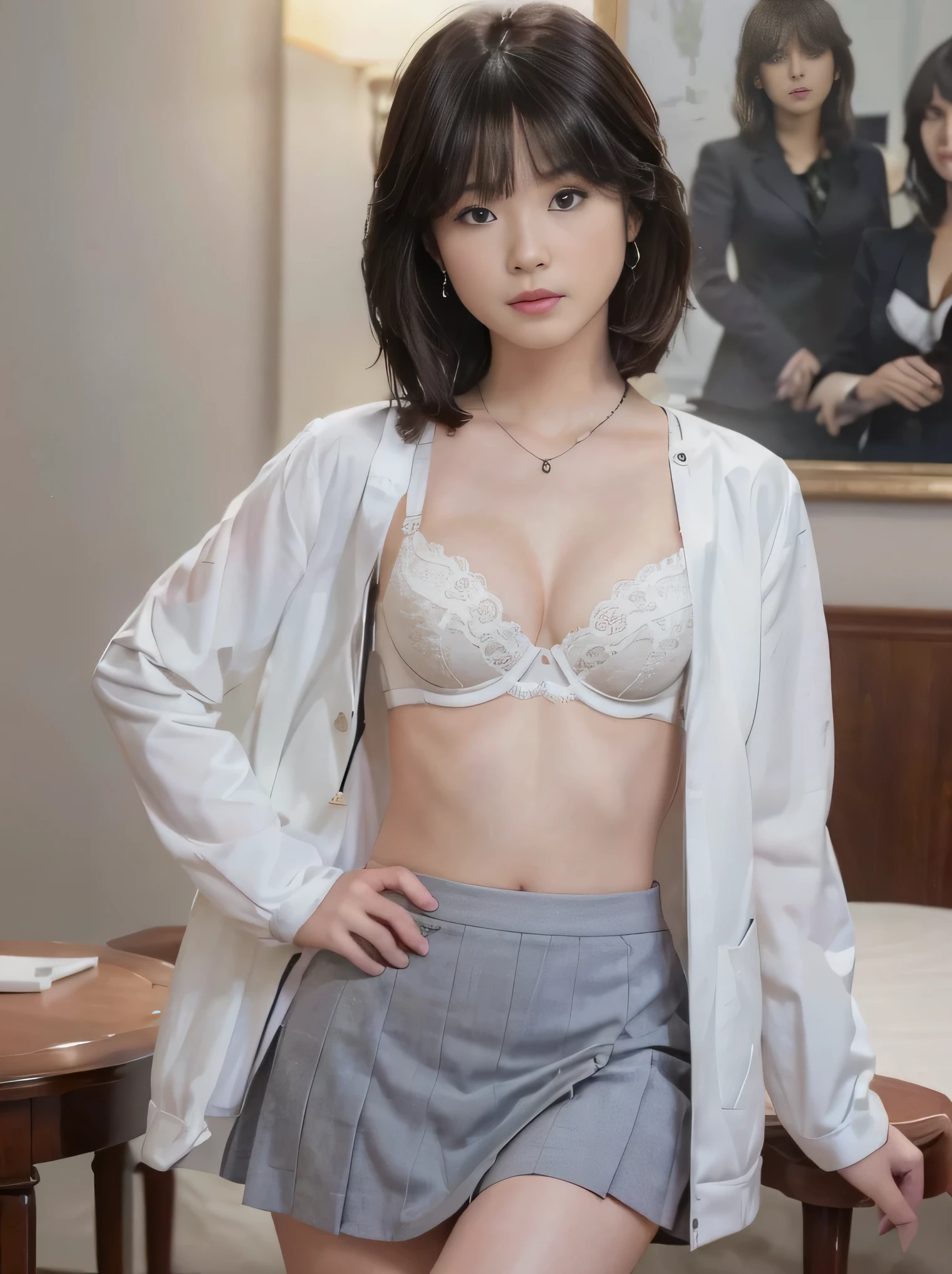 (small breast:1.4),slender,suit,2 lady,brealistic,(ultra quality:1.2),japanese,high quality,masterpiece,(ultra detailed:1.4),japanese lady,beautiful face,(real bra:1.4),(skirt-suit:1.1),((office)),