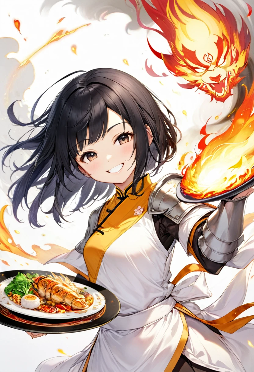 Asian、Black hair user、Cook、Teenage Girl、Kung Fu、Wearing white monk clothes、Plate Armor、Paladin、Fire User、smile
