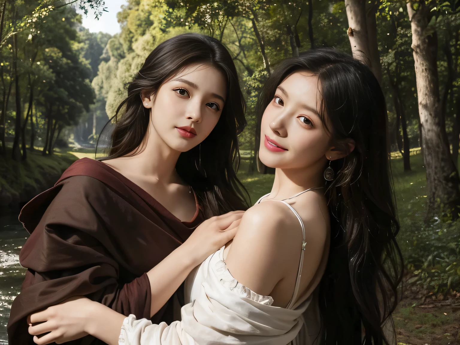 Giorgione painting style,Barbizon forest A beautiful woman in Greek dress smiles on the shore,Sweet and seductive appearance.、Caravaggio's paintings、Chiaroscuro of Caravaggio、hair tousled by the wind,Two women frolicking,cute smile, expression of ecstasy,Sexy,erotic, full body portrait
