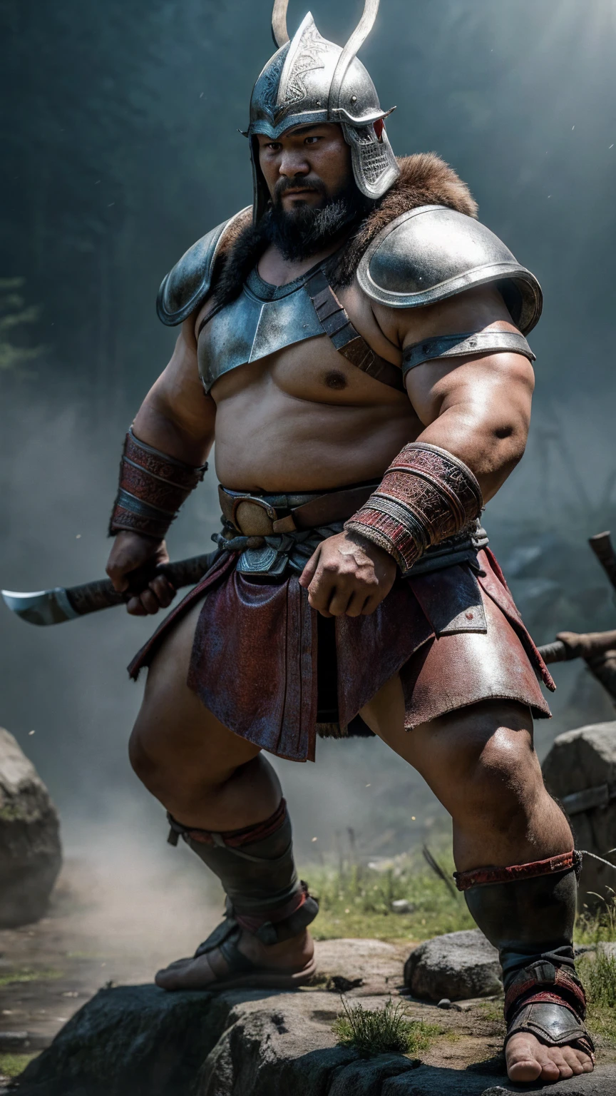 looking at me, face focus, a fat gentle barbarian, mid combat, He is a Japanese barbarian, intense battle scene, leather armor, viking helmet, armored short skirt, holding a double edged ancient legendary axe, legs exposed from thighs to feet, fierce, battleground background, Standout features include a prominent nose and thick eyebrows, masterpiece, volumetric lighting, Dramatic, Uighur the Warden, ((ultra sharp)), ((masterpiece)), ((best quality)), ((ultra detailed)), ((intricate details)), Inguinal region detailed, Dilapidated, 