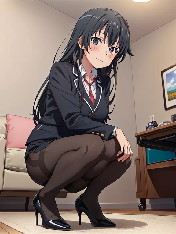 ((masutepiece, Best Quality, hight resolution, nffsw, Perfect Pixel, depth of fields, 4K, full body:1.5, 1girl in, Solo, , Beautiful anime girl, Beautiful Art Style,
very low view angle:1.3, view from below:1.5, sky from below:1.5, living room background,
Perfect body, happy face:1.5 squatting:1.4, office suit, black pantyhose:1.5, black heels:1.5,
yukinoshita yukino, large breasts,
Full face blush, red face,
straight on:1.3, medium shot