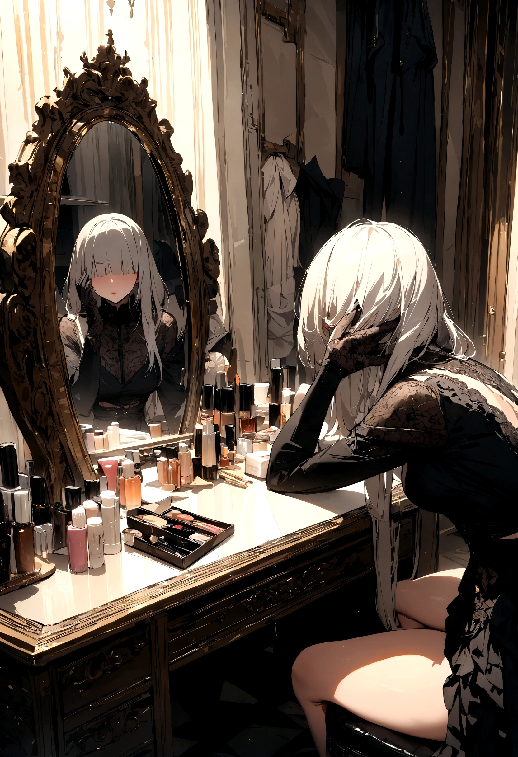masterpiece, best quality, high resolution, hd, ultra detaills, makeup table, mirror, woman sitting in front of the mirror, reflecting her faceless face