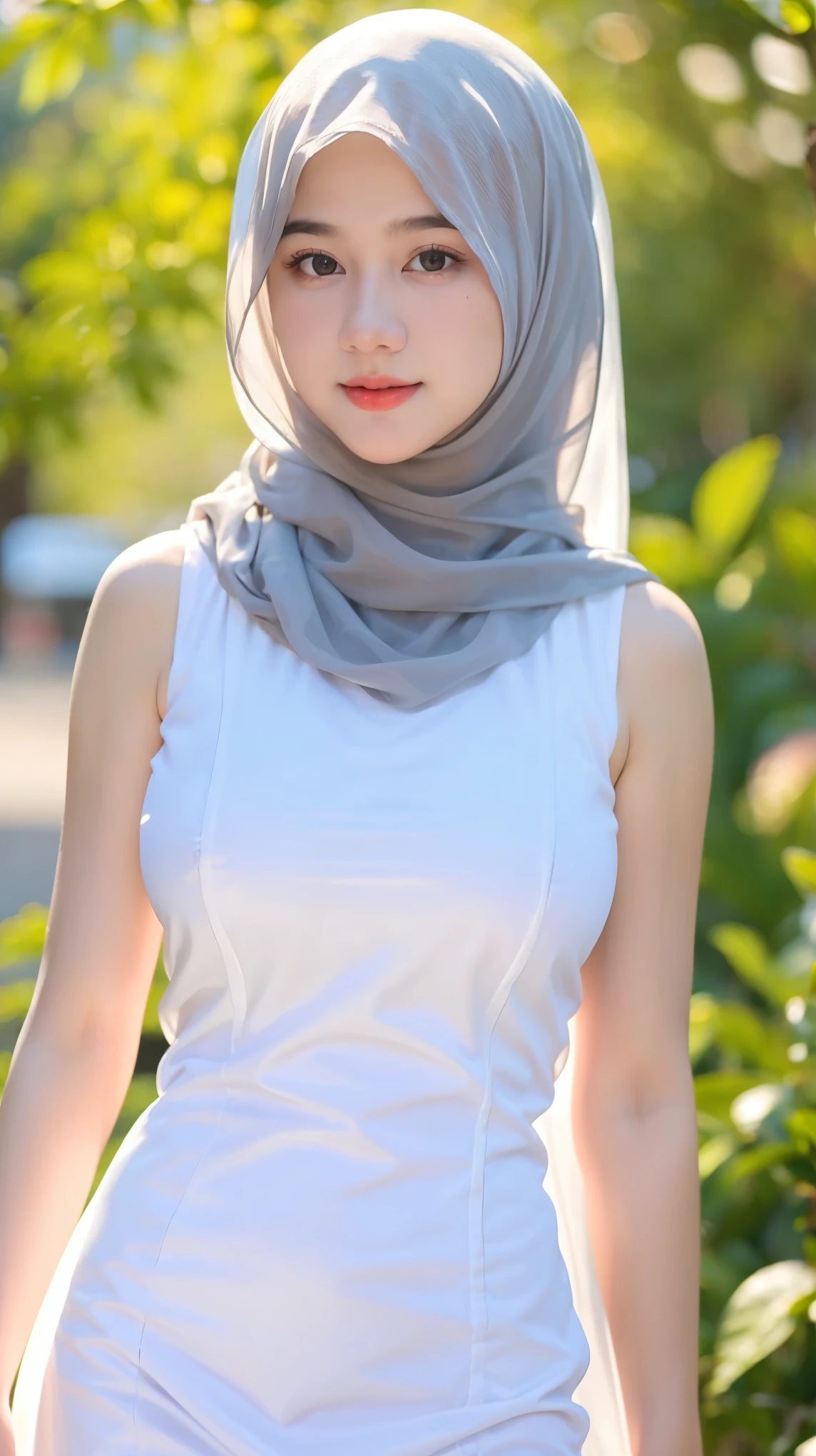  , Beautiful Young 18 Years Old , Sleeveless , White Embroidery Hijab Women Potrait , Hijab Dress , ((Large Colossal Breasts)) , ((Transparent:1.3)) , Girly , Dynamic Pose , ((Muscles:1.1)) , ((Bokeh:1.1)) , EF 24-70mm f/2.8L II USM , Top of The Mountain , HDR , Side 