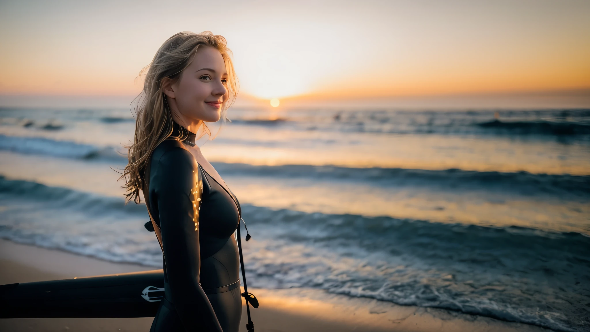 Beautiful blonde in a black wetsuit (Holding a surfboard at the beach at sunset),Looking into the distance,Very detailed, 21 years old, Innocent face, Naturally Wavy Hair, Large Breasts,blue eyes, High resolution, masterpiece, highest quality, Intricate details, Very detailed, Clear focus, Delicate skin, practical skin texture, texture, Delicate eyes, Professional, 4K, Cute Smile, Shot with Canon, 85mm, Shallow and deep, Kodak Vision Color, Exactly, Very detailed, photograph_\(Extremist\), photographpractical, practical, Post-processing, Maximum details, Roughness, Real Life, Extremist practical, Photorealism, photographgraphy, 8K Ultra HD, photographgraphy
