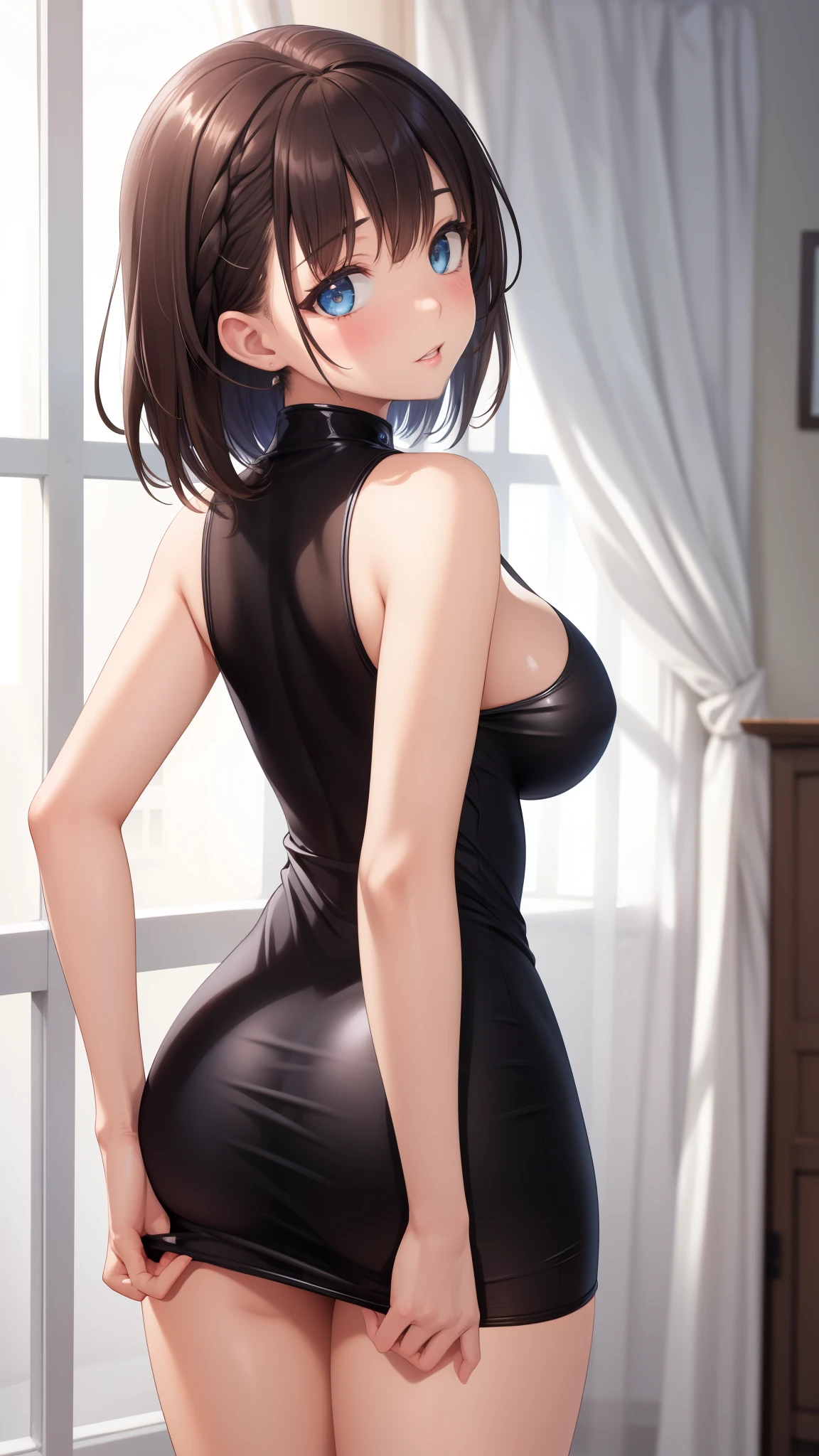 masterpiece, best quality, highly detailed, ultra high res, aichan, large breasts, 1girl, solo, blue eyes, short brown hair, side braid, glossy lips, looking back at viewer, bakless minidress, pantyshot