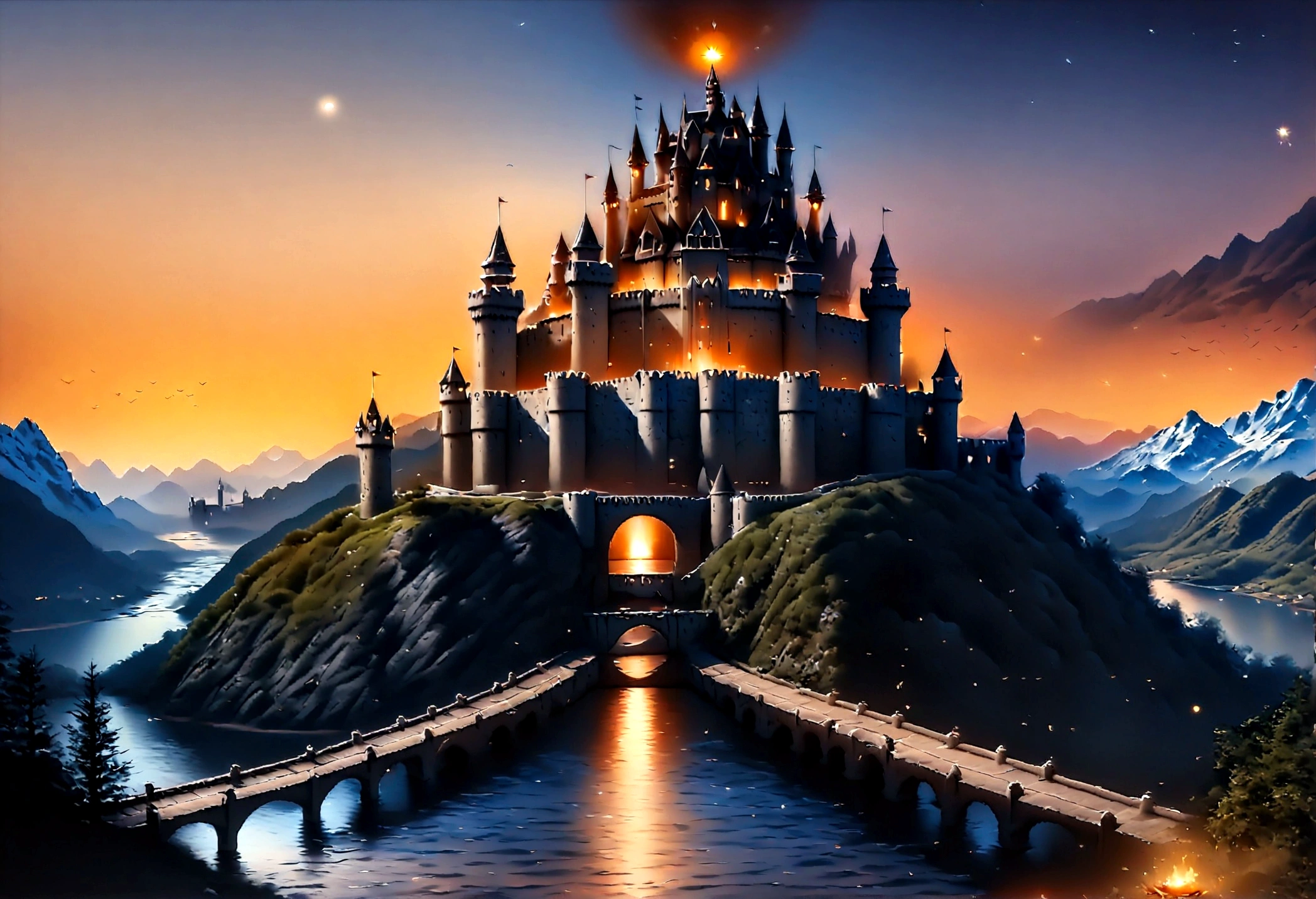 an award winning picture, National Geographic style, Arafed, magnificent artistic picture of a (castle: 1.4) on a mountain range near a lake at dusk, fantasy art D&D art, castle, with towers, turrets, barbican, it is dusk time, the sun is going down, and there are stars in the skies, the last rays of sun, there is a ((bridge lit by torches: 1.4)) crossing to the other side, fantasy forest background, ultra best realistic, best details, 16k, [ultra detailed], masterpiece, best quality, (extremely detailed), photorealism, depth of field, hyper realistic painting, Cinematic Hollywood Film style, digital art