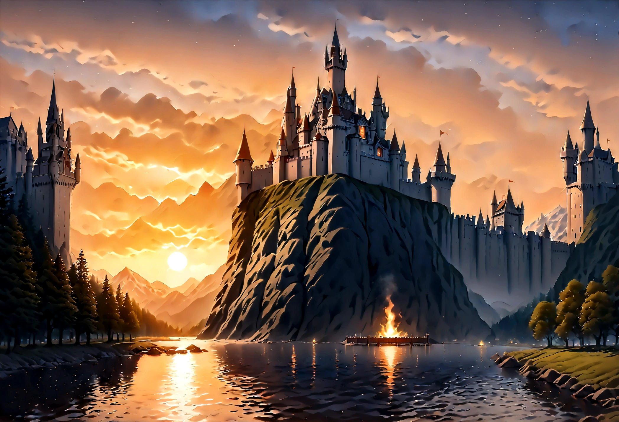 an award winning picture, National Geographic style, Arafed, magnificent artistic picture of a (castle: 1.4) on a mountain range near a lake at dusk, fantasy art D&D art, castle, with towers, turrets, barbican, it is dusk time, the sun is going down, and there are stars in the skies, the last rays of sun, there is a ((bridge lit by torches: 1.4)) crossing to the other side, fantasy forest background, ultra best realistic, best details, 16k, [ultra detailed], masterpiece, best quality, (extremely detailed), photorealism, depth of field, hyper realistic painting, Cinematic Hollywood Film style, digital art