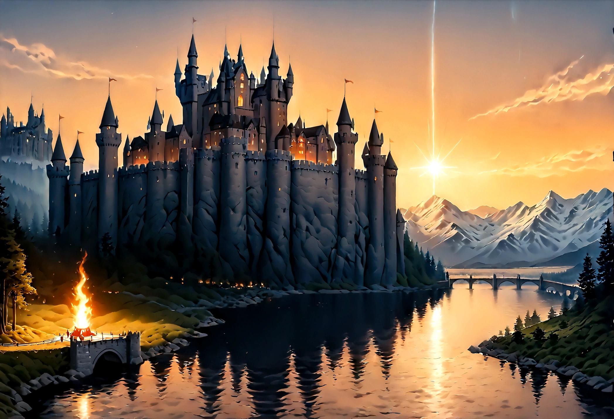 an award winning picture, National Geographic style, Arafed, magnificent artistic picture of a (castle: 1.4) on a mountain range near a lake at dusk, fantasy art D&D art, castle, with towers, turrets, barbican, it is dusk time, the sun is going down, and there are stars in the skies, the last rays of sun, there is a ((bridge lit by torches: 1.4)) crossing to the other side, fantasy forest background, ultra best realistic, best details, 16k, [ultra detailed], masterpiece, best quality, (extremely detailed), photorealism, depth of field, hyper realistic painting, Cinematic Hollywood Film style, digital art