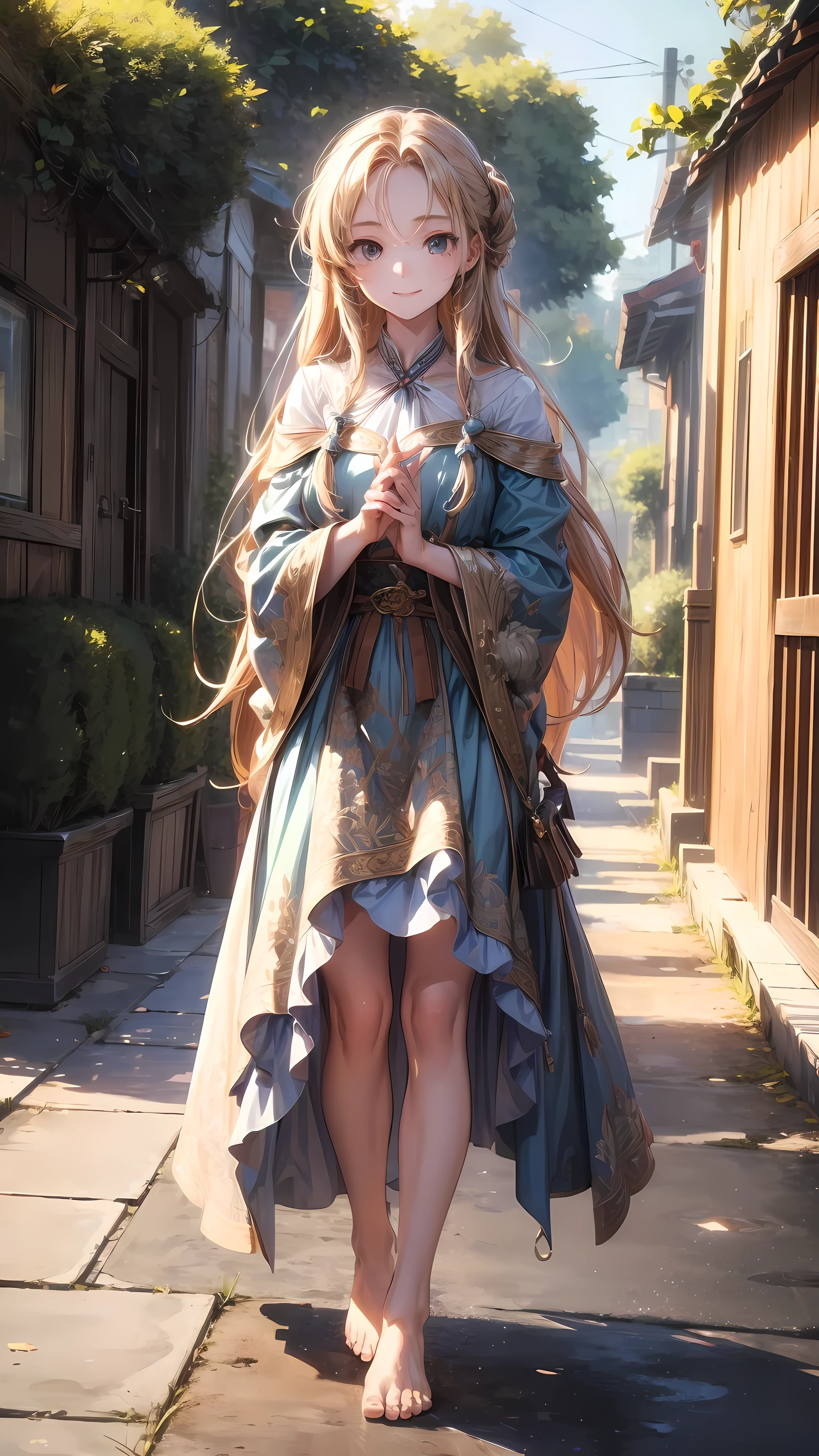 ((masterpiece)),(((best quality))),((Extremely detailed)),1 Girl, Solitary, barefoot, permanent, architecture, Smile, Flowing hair, Hook of Holland, Shut up, Look away, outdoor