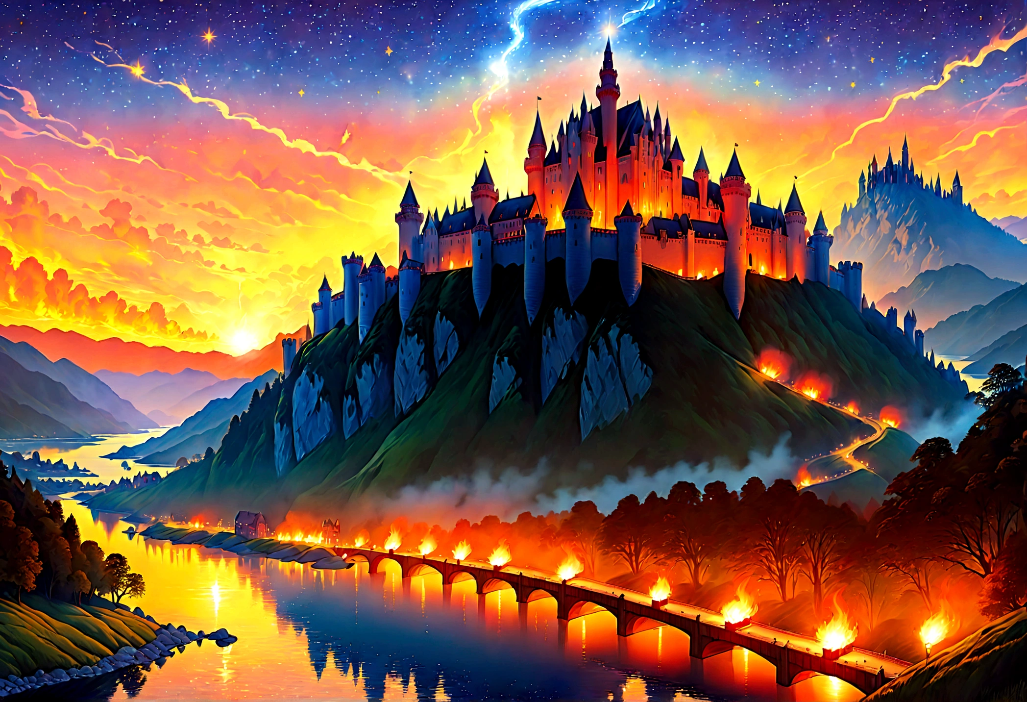 an award winning picture, National Geographic style, Arafed, magnificent artistic picture of a (castle: 1.4) on a mountain range near a lake at dusk, fantasy art D&D art, castle, with towers, turrets, barbican, it is dusk time, the sun is going down, and there are stars in the skies, the last rays of sun, there is a ((bridge lit by torches: 1.4)) crossing to the other side, fantasy forest background, ultra best realistic, best details, 16k, [ultra detailed], masterpiece, best quality, (extremely detailed), photorealism, depth of field, hyper realistic painting, Cinematic Hollywood Film style, digital art