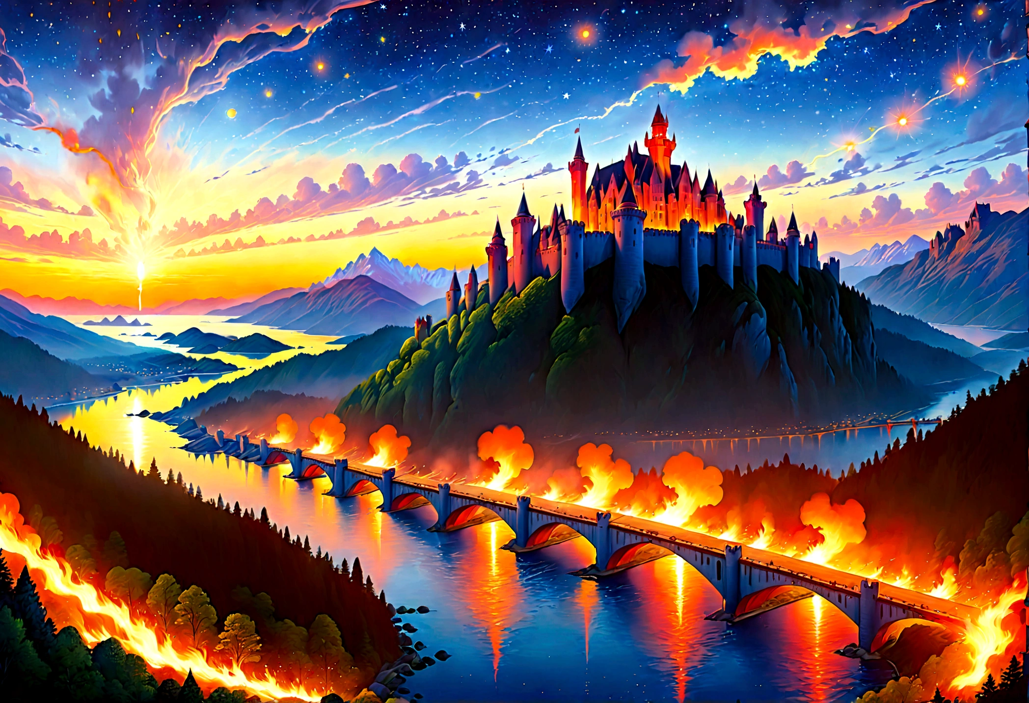 an award winning picture, National Geographic style, Arafed, magnificent artistic picture of a (castle: 1.4) on a mountain range near a lake at dusk, fantasy art D&D art, castle, with towers, turrets, barbican, it is dusk time, the sun is going down, and there are stars in the skies, the last rays of sun, there is a ((bridge lit by torches: 1.4)) crossing to the other side, fantasy forest background, ultra best realistic, best details, 16k, [ultra detailed], masterpiece, best quality, (extremely detailed), photorealism, depth of field, hyper realistic painting, Cinematic Hollywood Film style, digital art