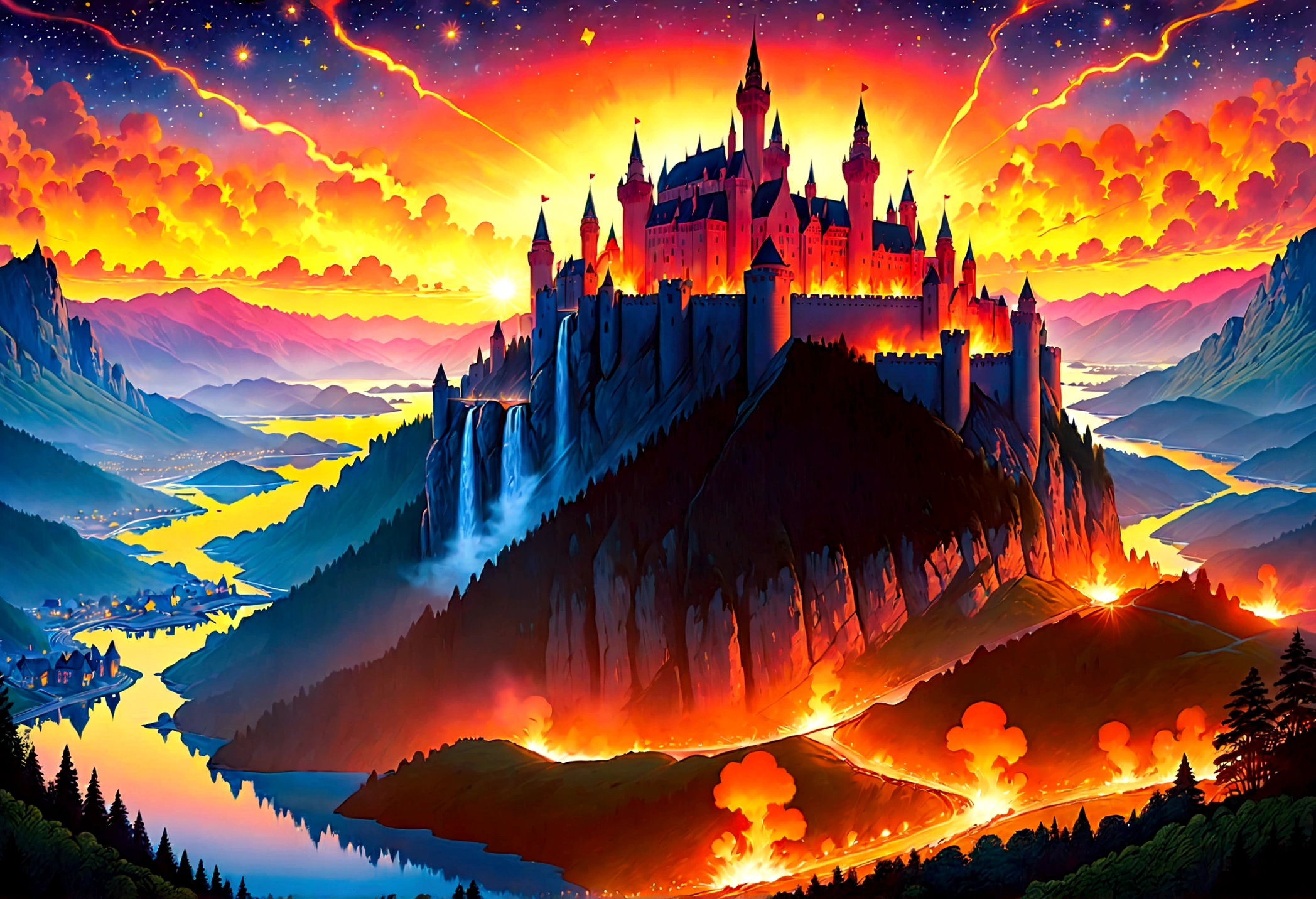 an award winning picture, National Geographic style, Arafed, magnificent artistic picture of a (castle: 1.4) on a mountain range near a lake at dusk, fantasy art D&D art, castle, with towers, turrets, barbican, it is dusk time, the sun is going down, and there are stars in the skies, the last rays of sun, there is a ((bridge lit by torches: 1.4)) crossing to the other side, fantasy forest background, ultra best realistic, best details, 16k, [ultra detailed], masterpiece, best quality, (extremely detailed), photorealism, depth of field, hyper realistic painting, Cinematic Hollywood Film style, digital art